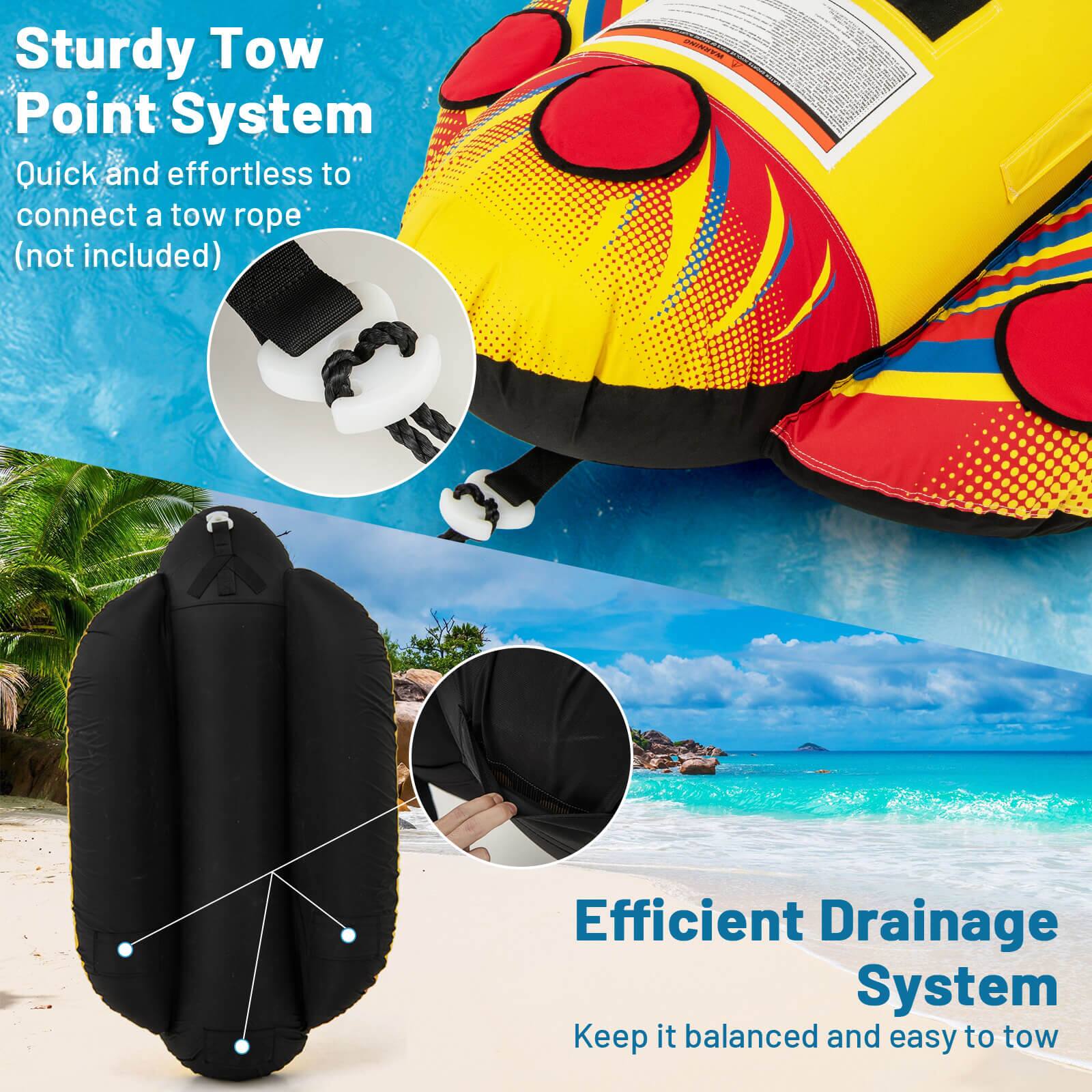 Sturdy Tow Point System Quick and effortless to connect a tow rope (not included) Efficient Drainage System Keep it balanced and easy to tow