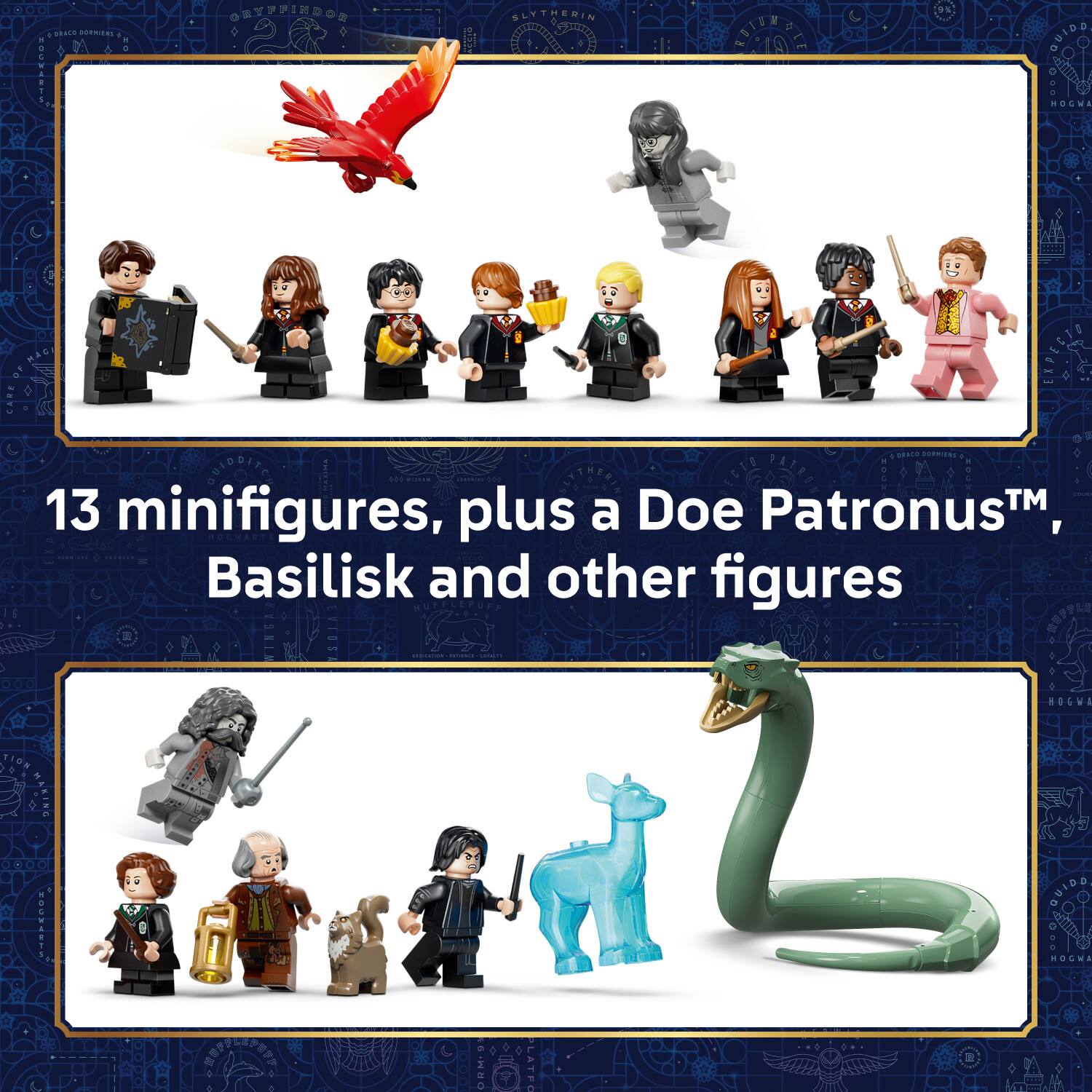 13 minifigures, plus a Doe Patronus™, Basilisk and other figures