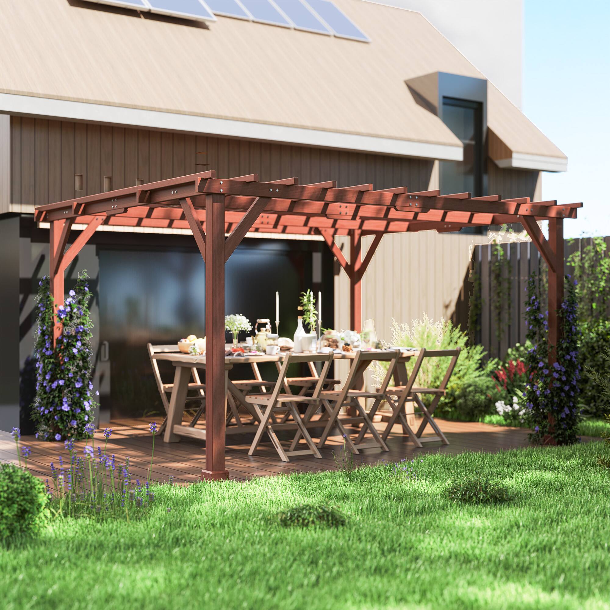 Alt View 4. Outsunny - 11' x 12.5' Outdoor Wood Pergola with Grape Trellis with Stable Structure for Climbing Plant Support for Patio - Brown.