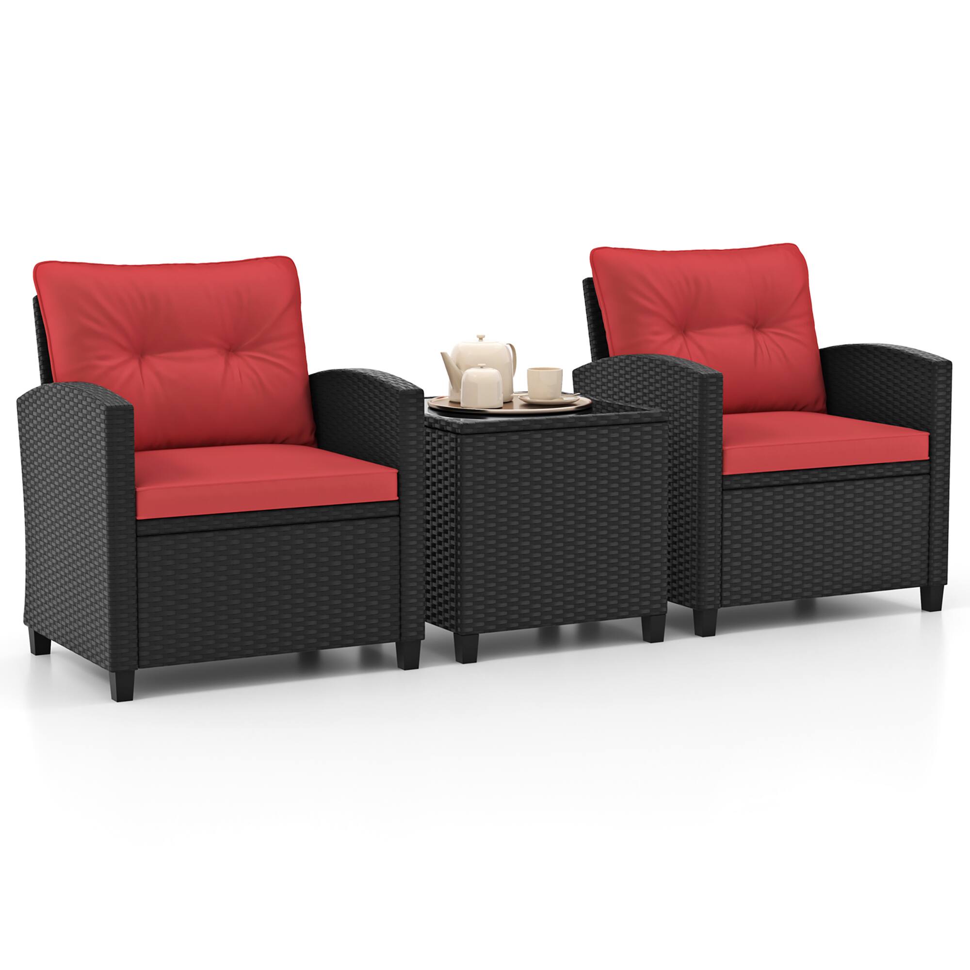 Gymax - 3 PCS Patio Furniture Set w/Tempered Glass Coffee Table Washable Cushions - Red