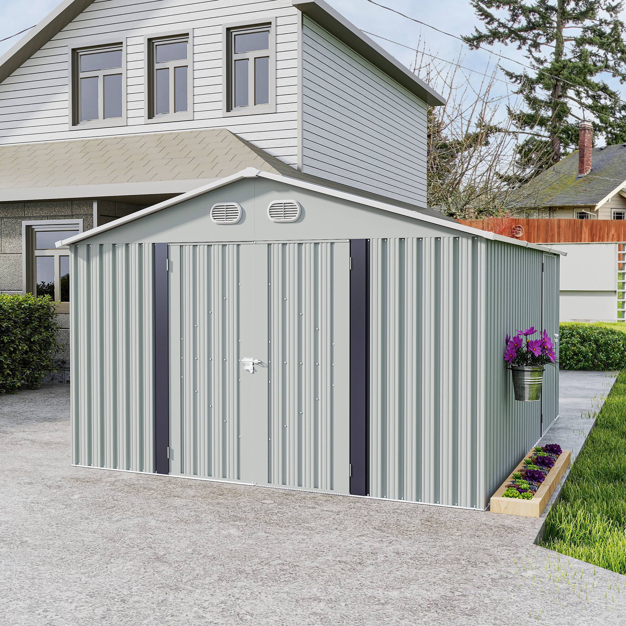 Alt View 5. Loheer - Loheer 10x12 Metal Storage Shed White Outdoor Garden Tool Shed with Lockable Doors and Sloped Roof for Backyard.
