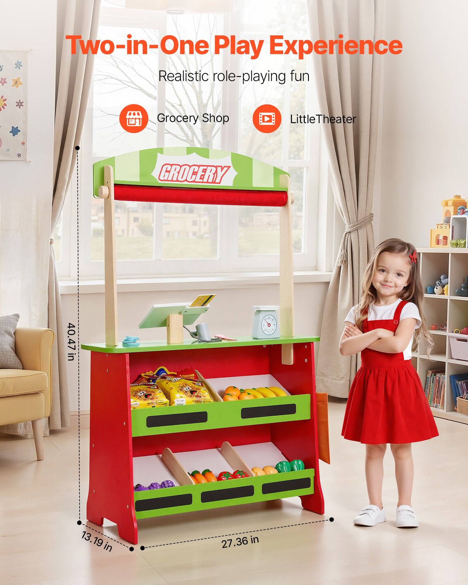 Two-in-One Play Experience  
Realistic role-playing fun  
Grocery Shop  
Little Theater  

GROCERY  

40.47 in  
13.19 in  
27.36 in