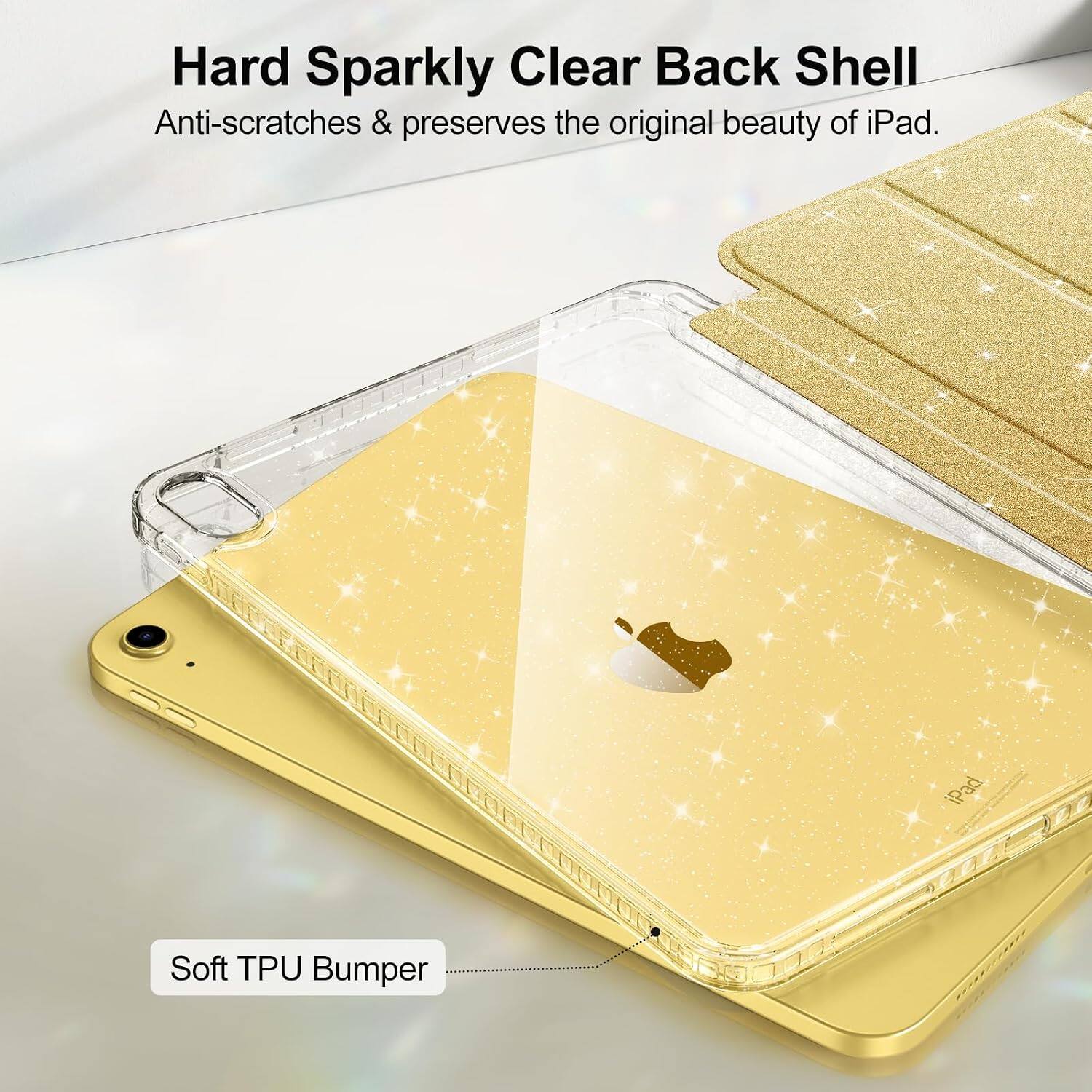 Hard Sparkly Clear Back Shell  
Anti-scratches & preserves the original beauty of iPad.  

iPad  
Soft TPU Bumper