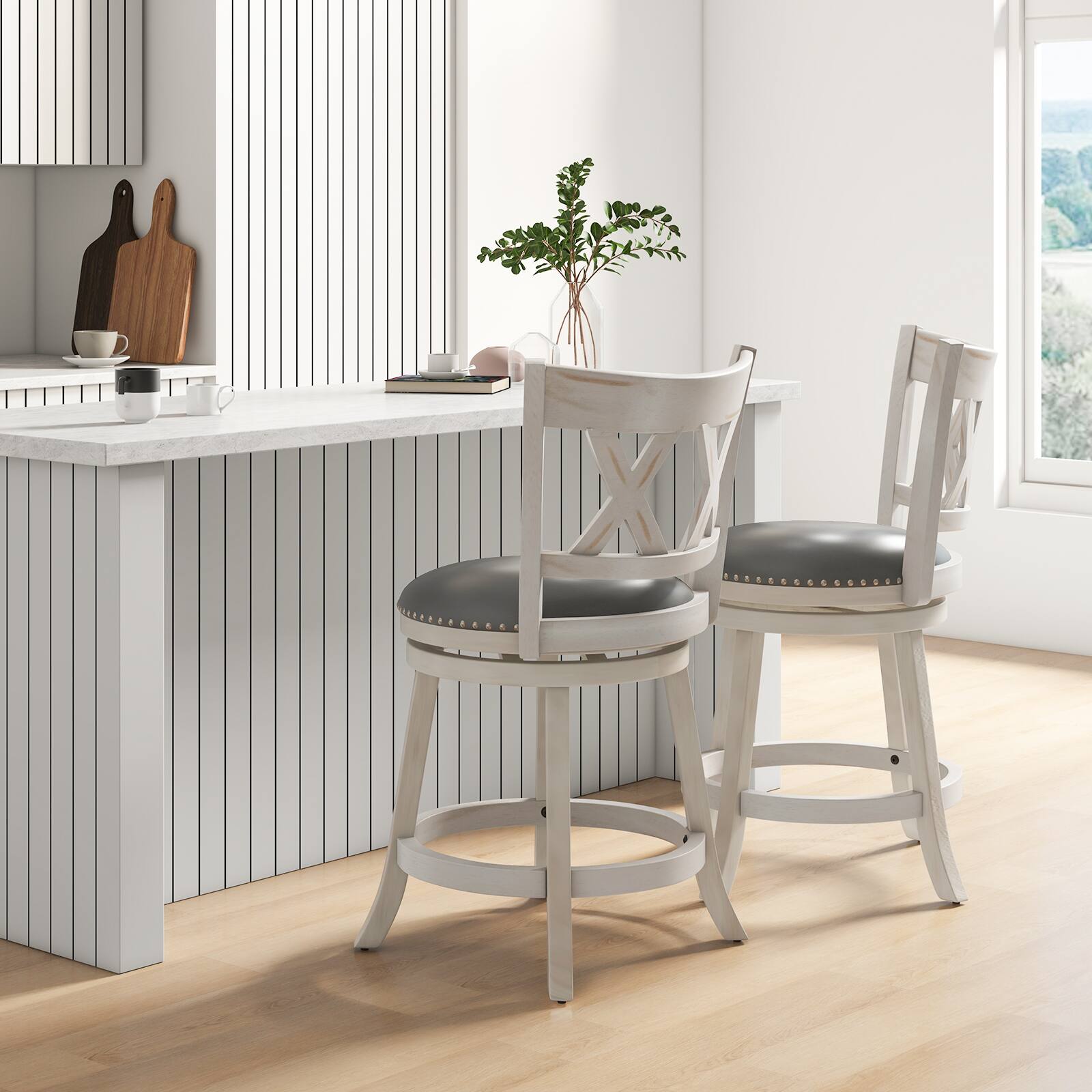 Alt View 7. Ecooso - Counter Height Stools Set of 2, 25.5 Inch Hand-Finished Saddle Seat with Wide Padded Cushion - White.