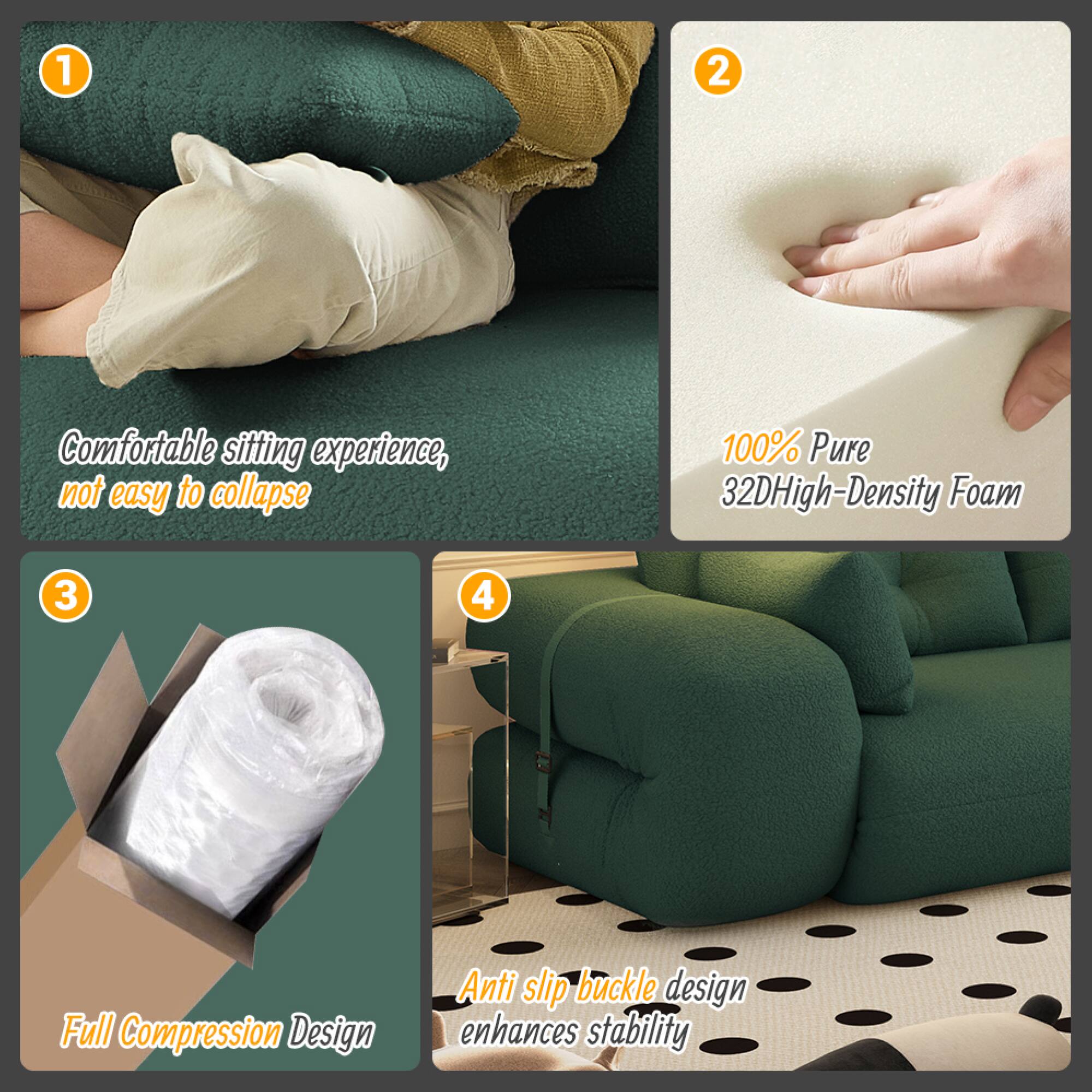 1. Comfortable sitting experience, not easy to collapse

2. 100% Pure 32D High-Density Foam

3. Full Compression Design

4. Anti slip buckle design enhances stability