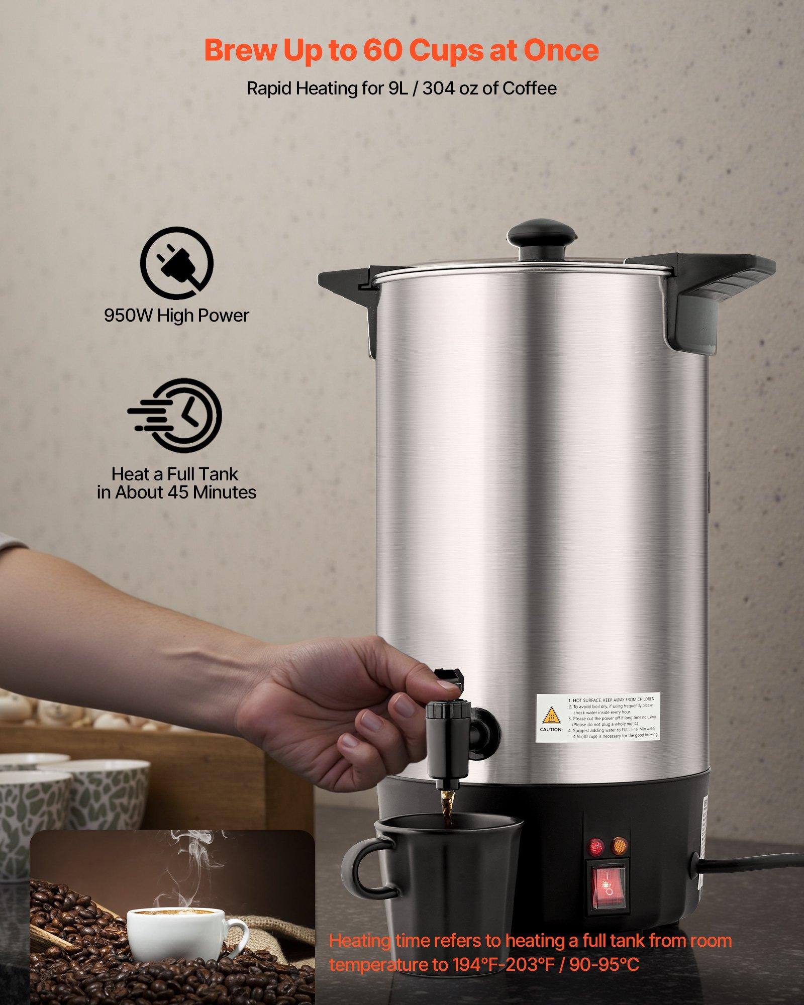 Brew Up to 60 Cups at Once  
Rapid Heating for 9L / 304 oz of Coffee  

950W High Power  

Heat a Full Tank in About 45 Minutes  

Heating time refers to heating a full tank from room temperature to 194°F-203°F / 90-95°C
