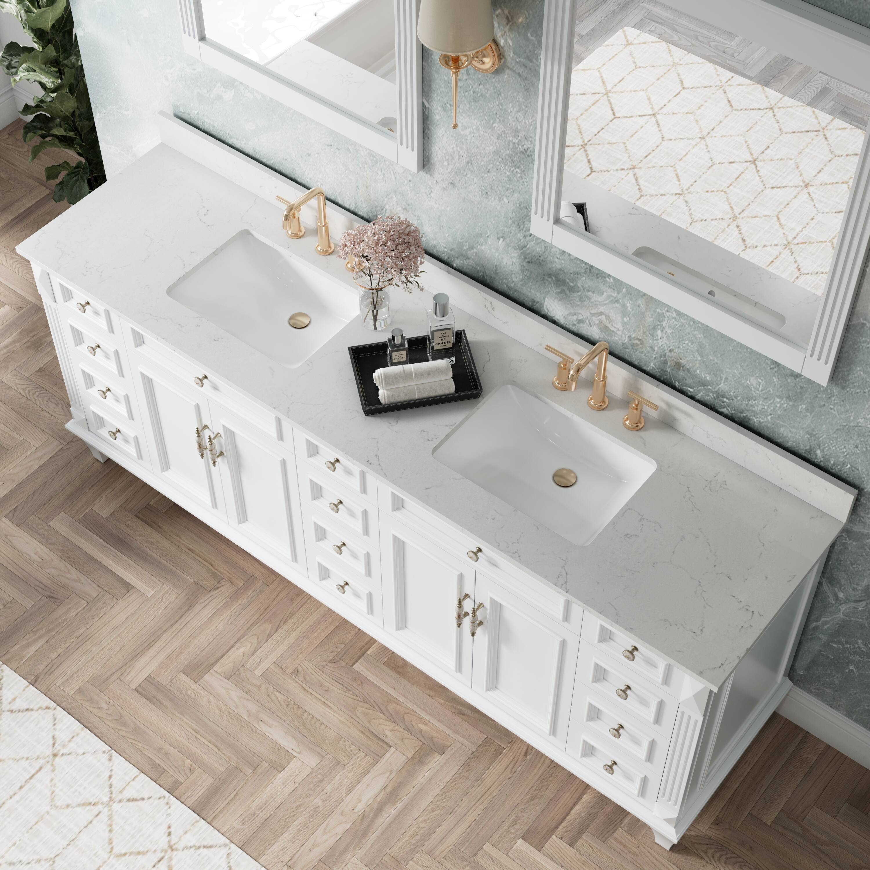 Alt View 1. WELLFOR - ARTWOOD 84 in. Solid Wood Bath Vanity with Quartz Top, Double Sink, Soft Close, Assembled - White.