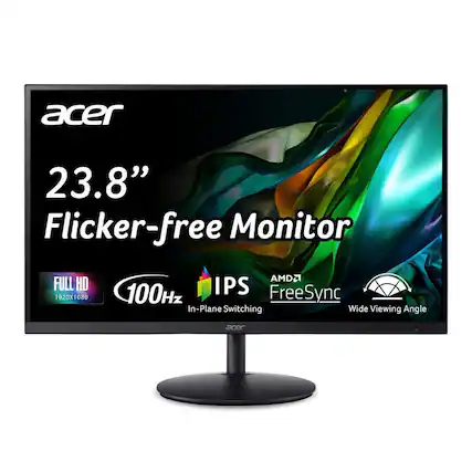 Acer 23.8" Flicker-Free Monitor, Full HD 1920x1080, AMD FreeSync, 100Hz, IPS (In-Plane Switching), Wide Viewing Angle.
