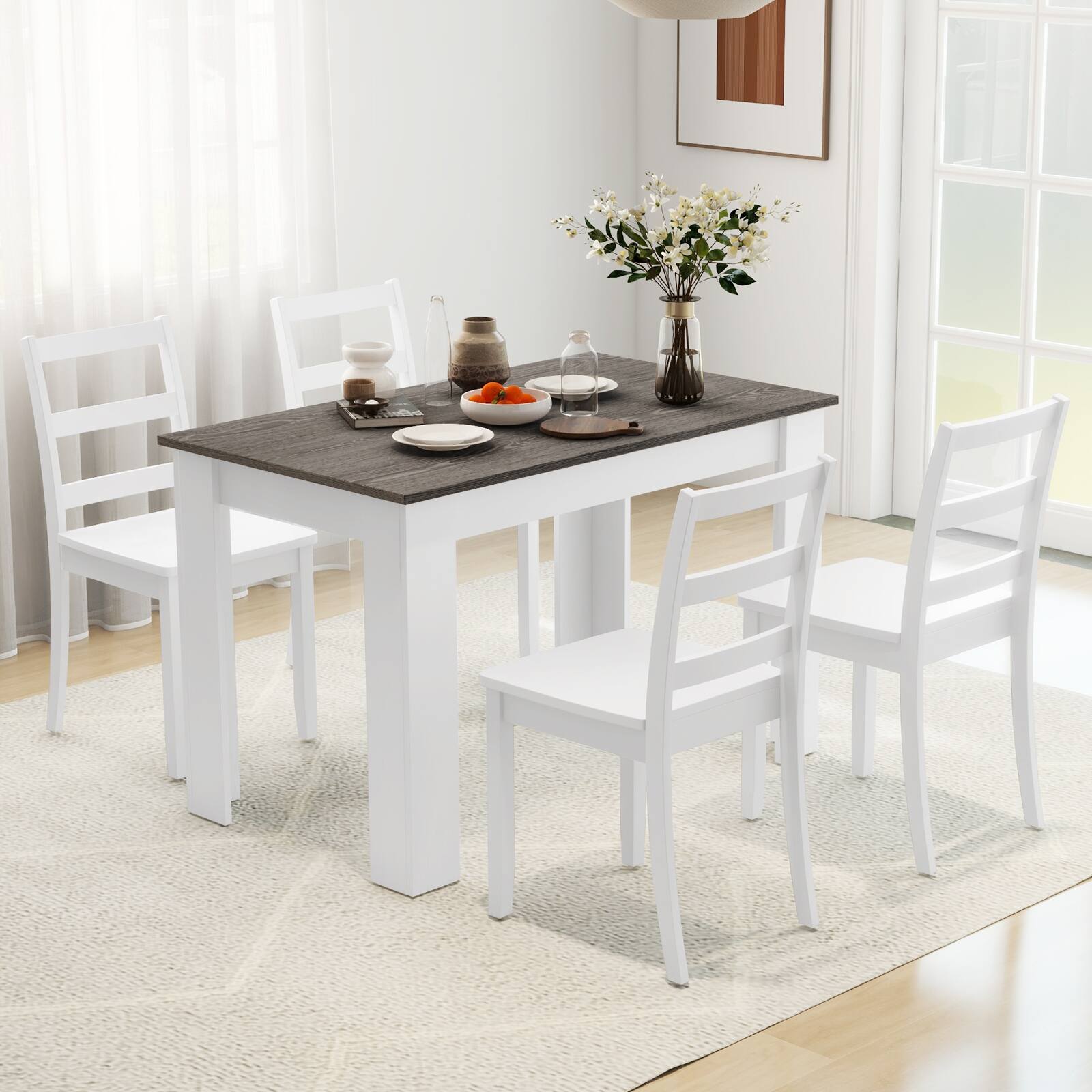 Alt View 2. Costway - Costway 5 PCS Dining Set Modern Rectangle Table & 4 Rubber Wood Chairs Kitchen Breakfast - White,Brown.