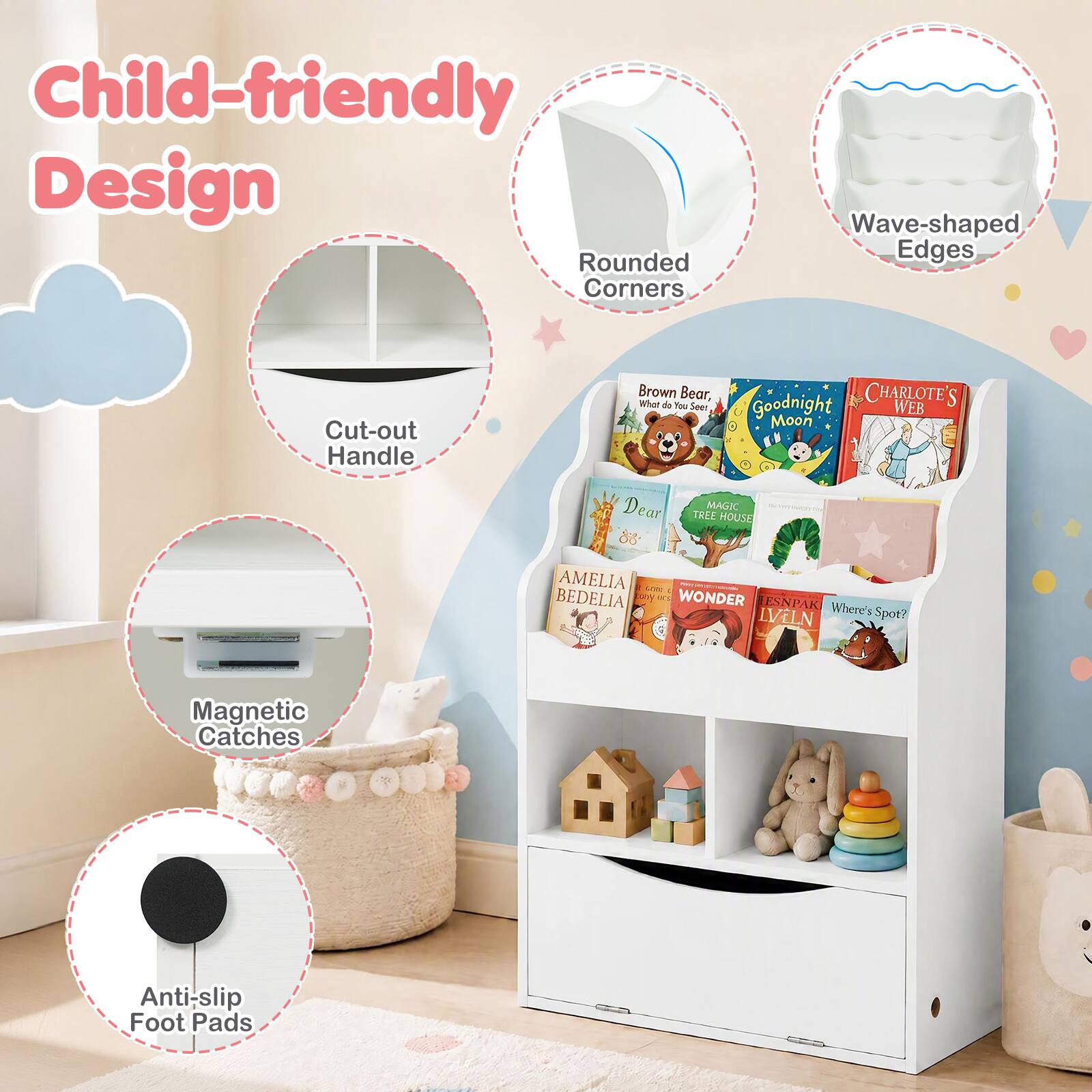 Child-friendly Design  
Rounded Corners  
Wave-shaped Edges  
Cut-out Handle  
Brown Bear, What Do You See?  
Goodnight Moon  
Charlotte's Web  
Dear Magic Tree House  
86  
Amelia Bedelia  
Incredible You  
Wonder  
Where's Spot?  
Magnetic Catches  
Anti-slip Foot Pads
