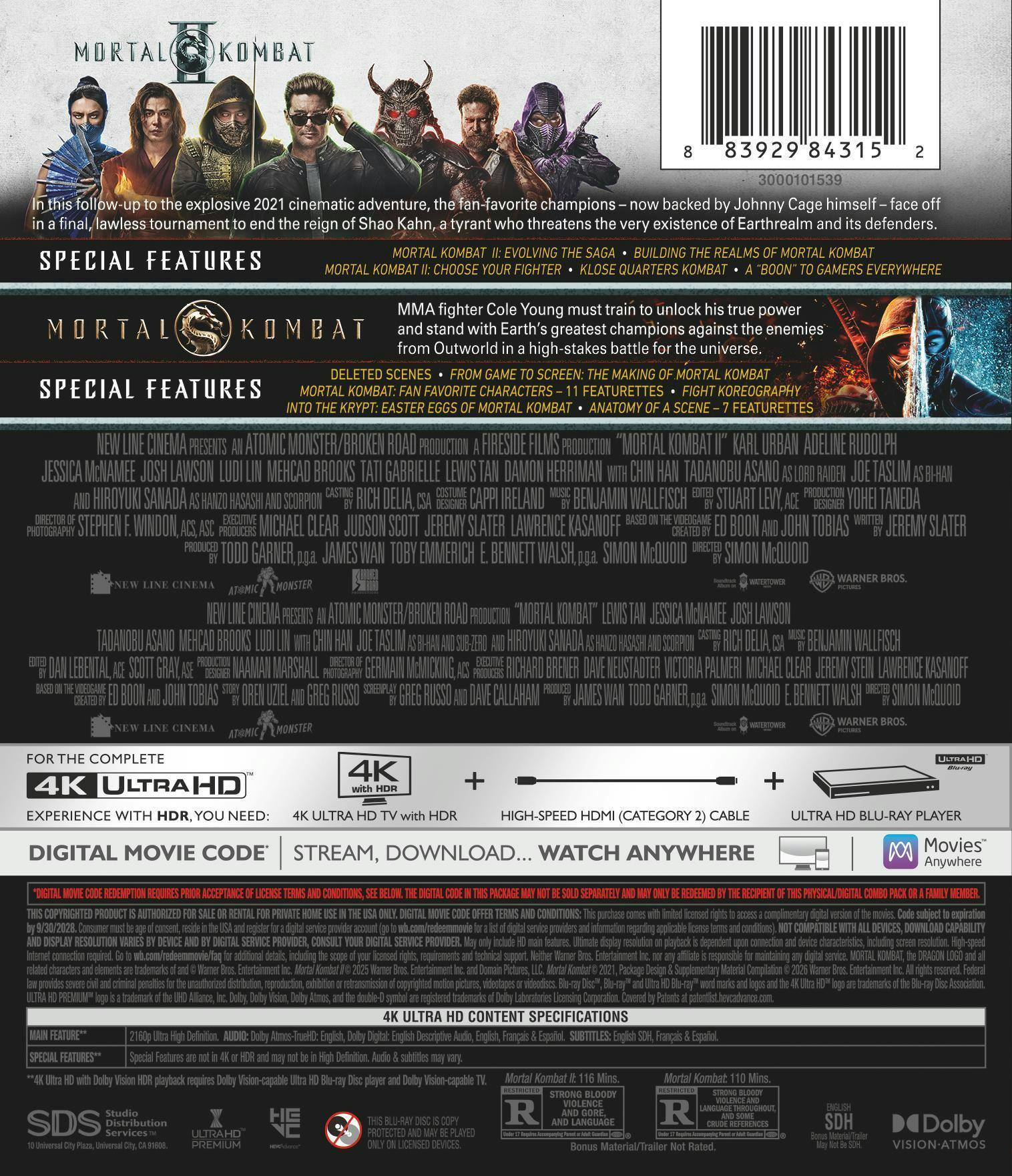 Back. Mortal Kombat 2-Film Collection   - 4K Blu-Ray.