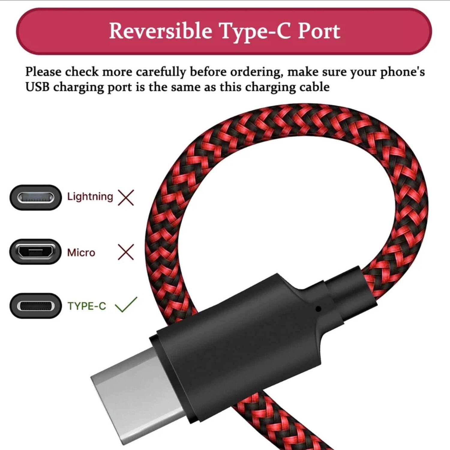 Reversible Type-C Port

Please check more carefully before ordering, make sure your phone's USB charging port is the same as this charging cable

- Lightning ❌
- Micro ❌
- TYPE-C ✅