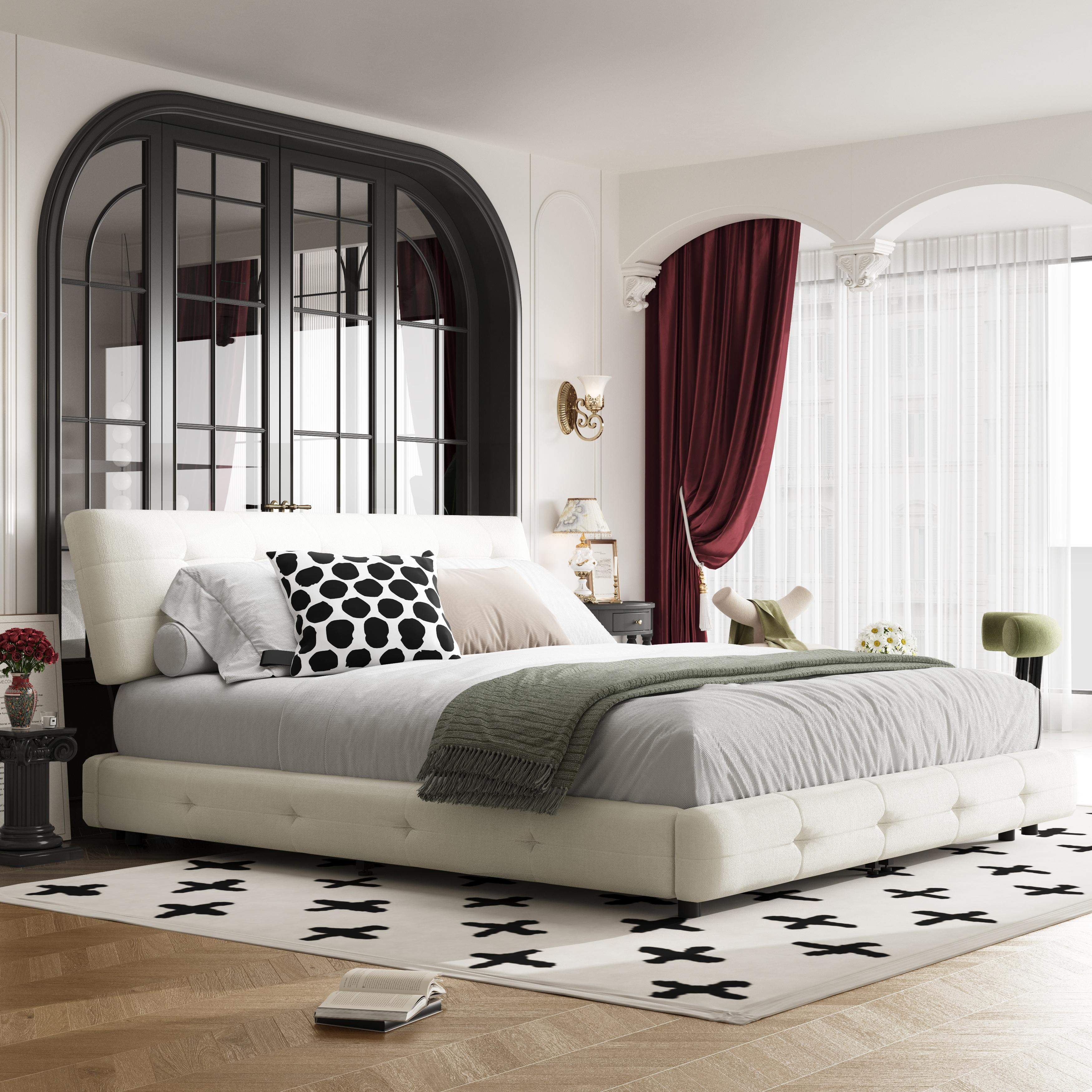 Angle. LOVMOR - King Size Bed FrameTufted Headboard with ExtraLarge UltraSoft Cloud Pillow DesignChenille Platform Bed with Metal and - White.