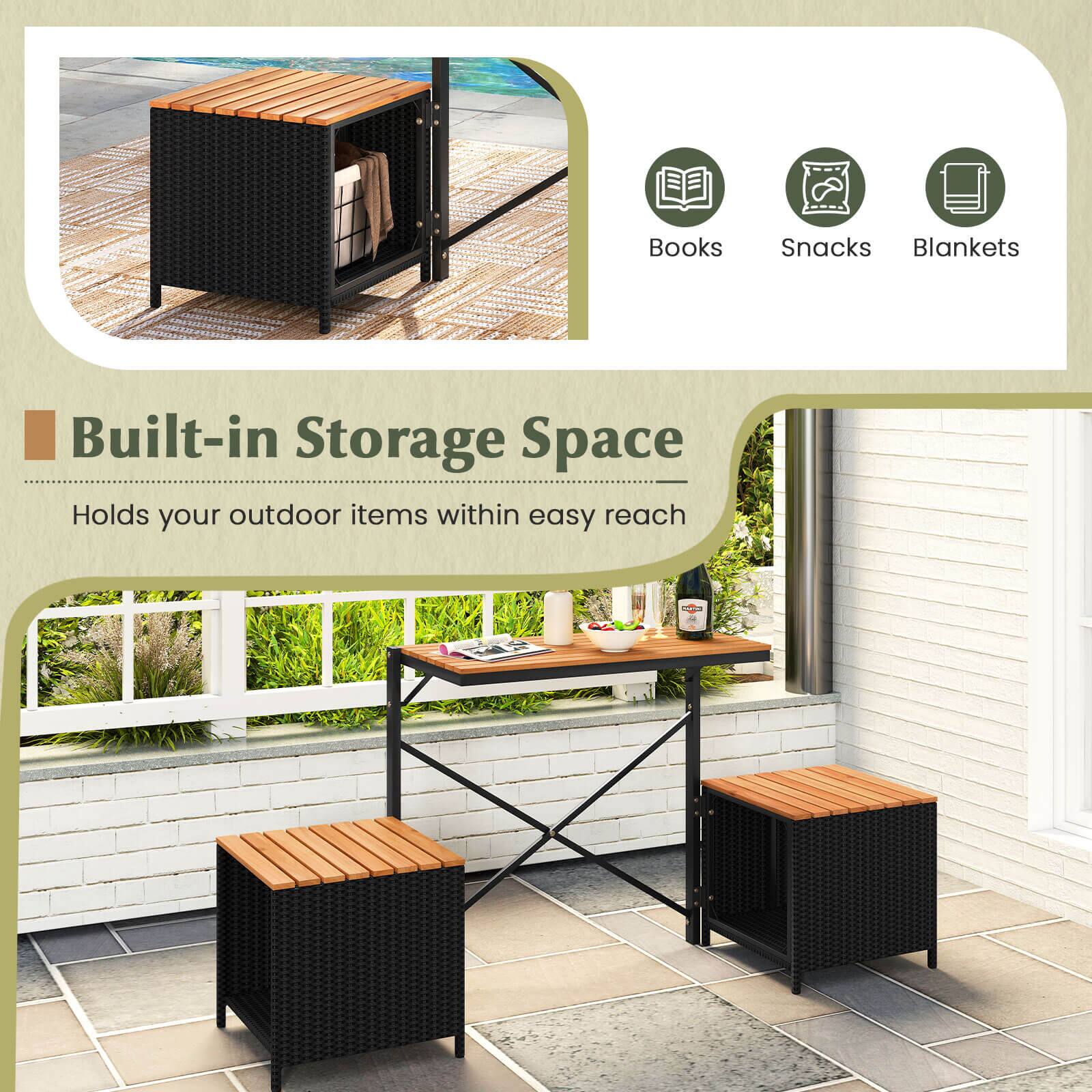 Built-in Storage Space Holds your outdoor items within easy reach.