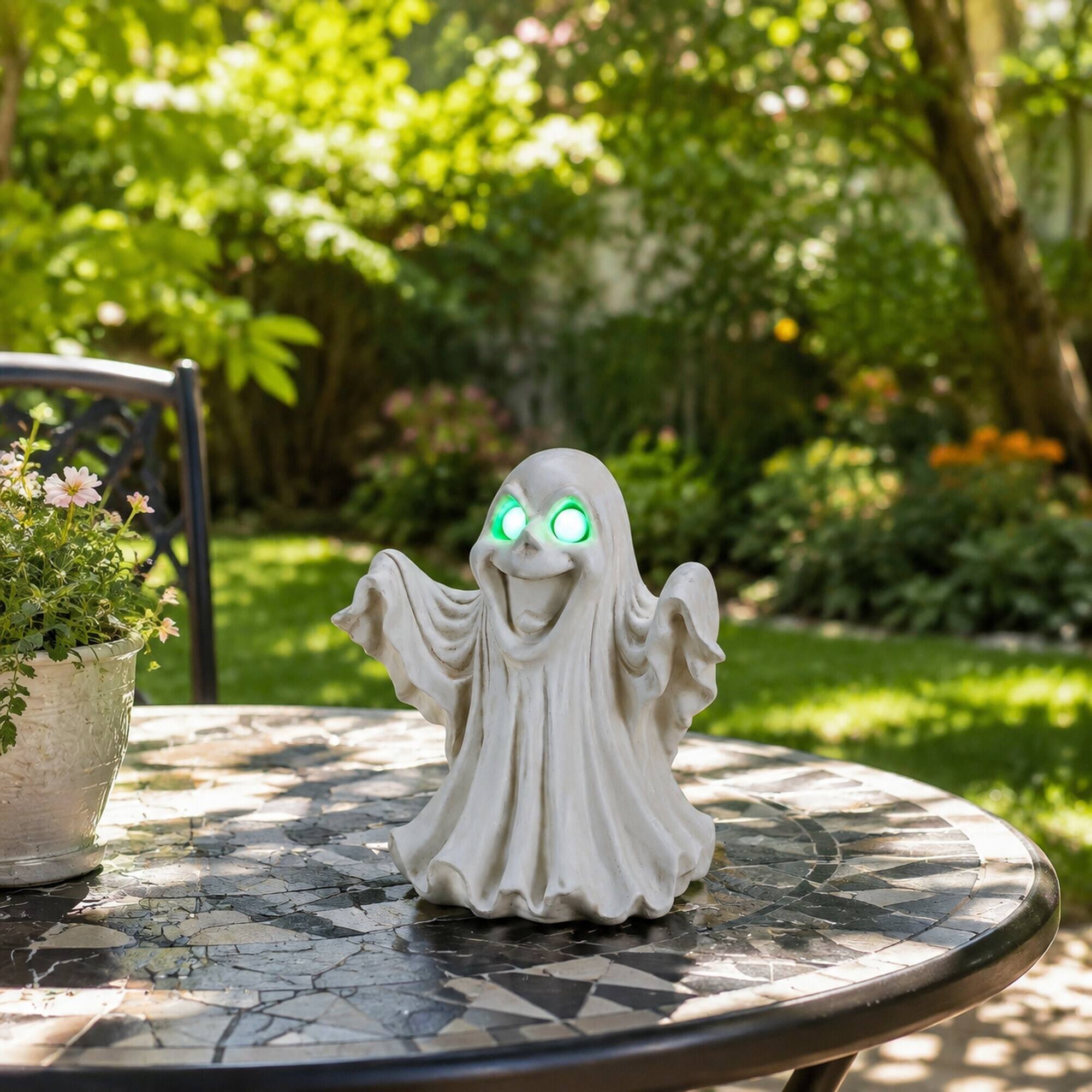 Alt View 2. RYHNUYNE - Halloween Ghost Figurine with Glowing LED Eyes for Spooky Home and Party Decor, Resin Tabletop Statue for Shelves - White.