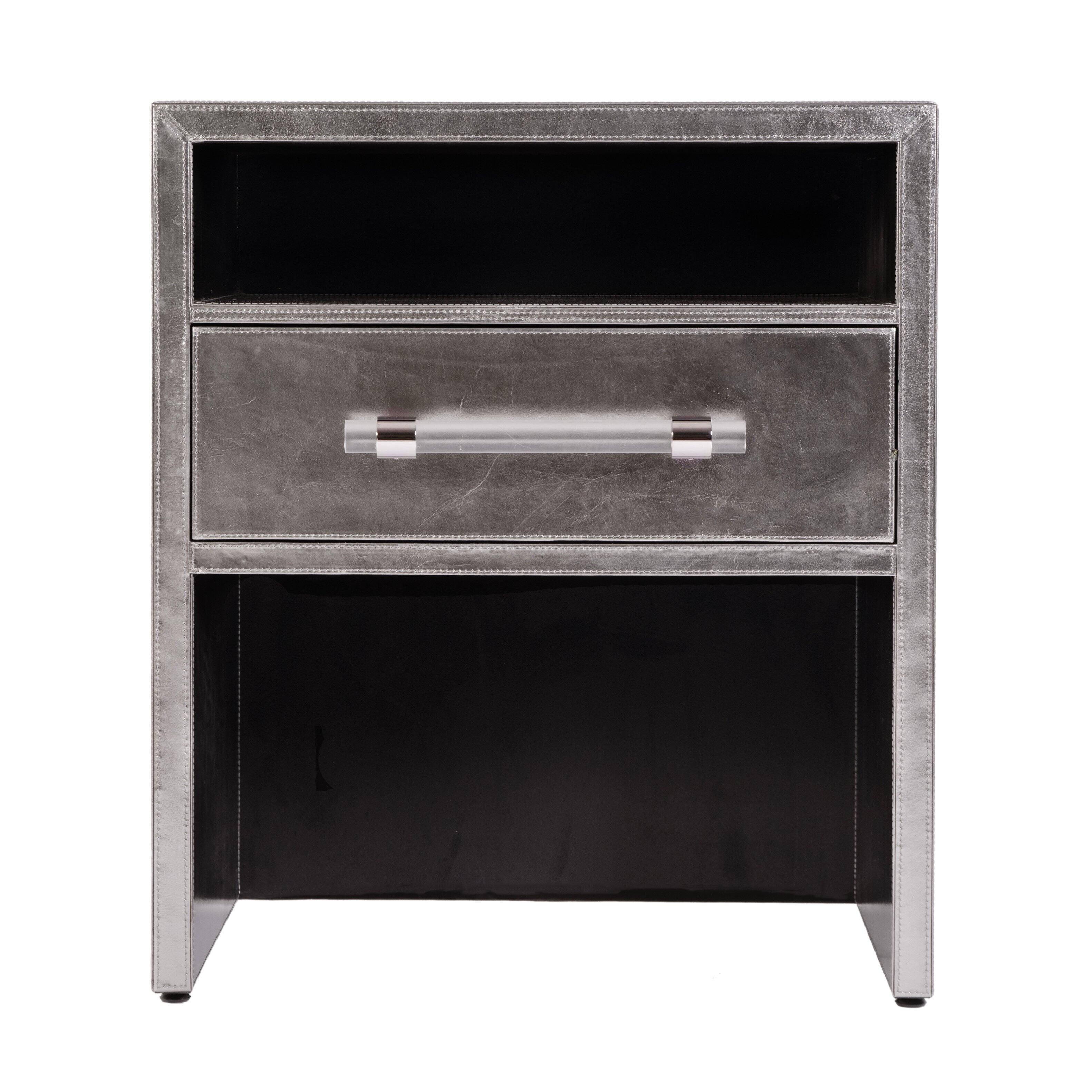 Alt View 2. Butler Specialty - Allman 24 in. W Rectangular Wood and Leather 1 Drawer Nightstand with Open Shelf - Silver.