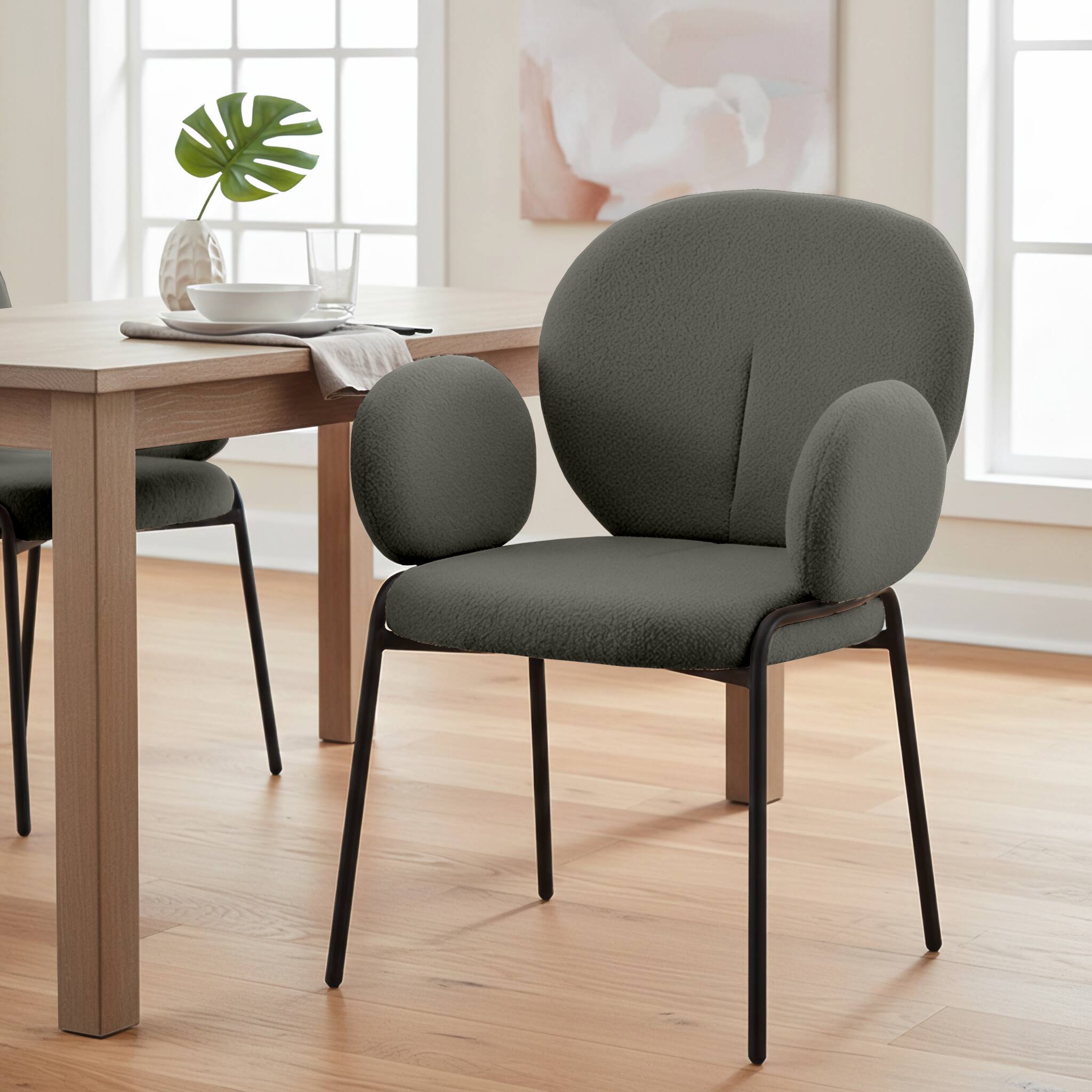 Left. LeisureMod - Celestial 4-PCS Modern Boucle Accent Chair with Arms, Padded Cushion Kitchen Chair, Powder-Coated Black Frame - Green.