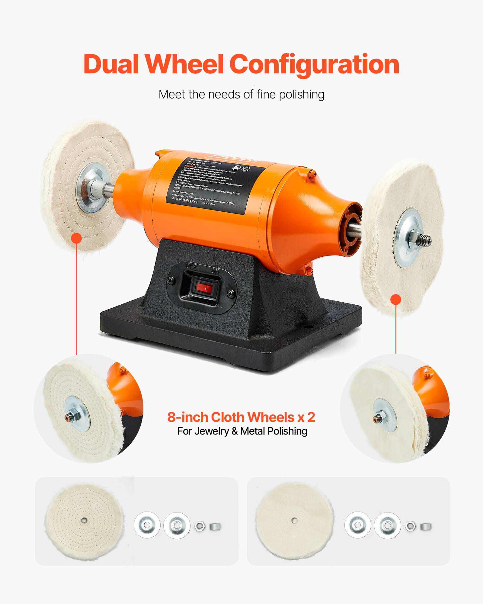 Dual Wheel Configuration  
Meet the needs of fine polishing  

BLUCK  
-  
100 -  
QUICING  

8-inch Cloth Wheels x 2  
For Jewelry & Metal Polishing