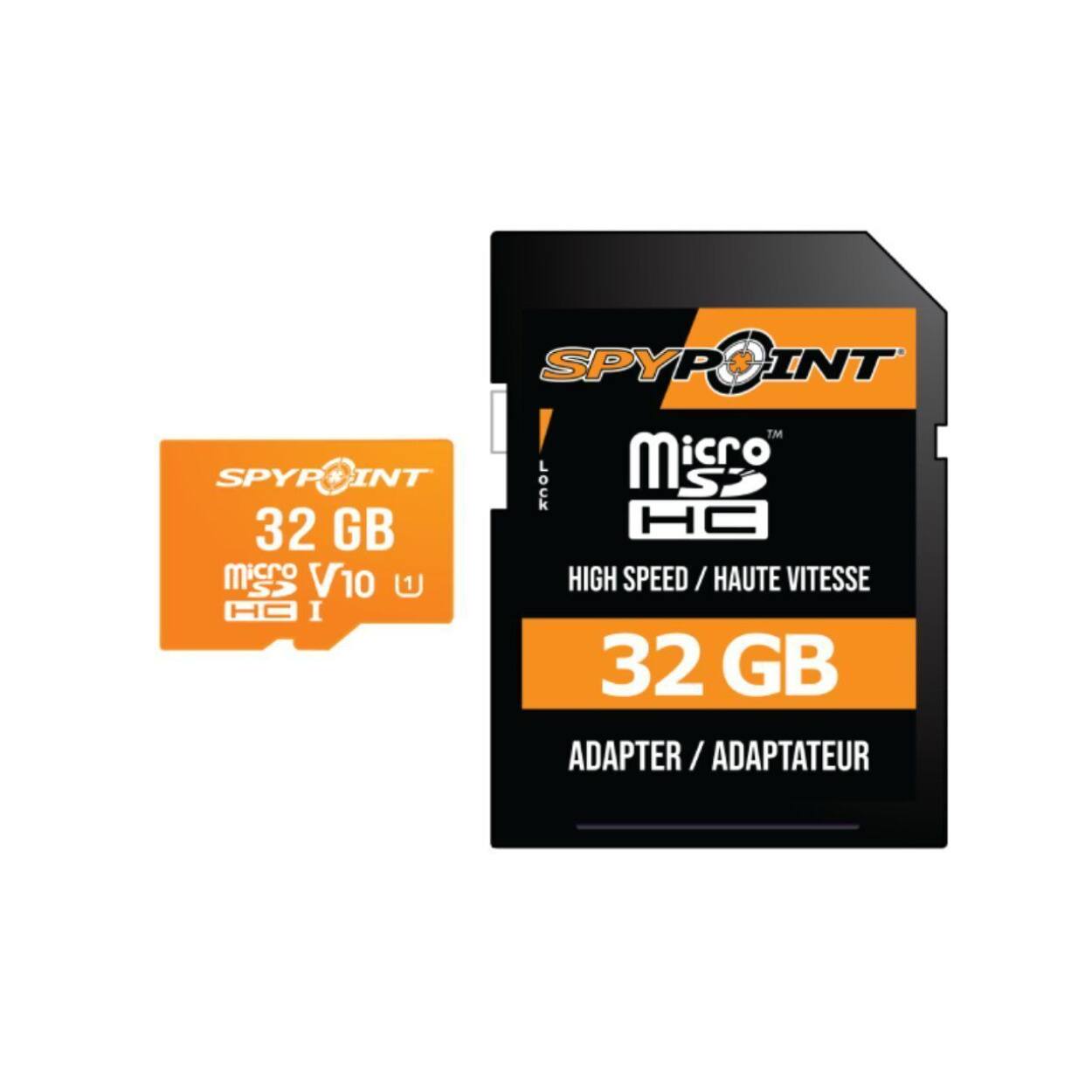 SPYPOINT  
SPYPOINT  
Micro SDHC  
TM  
SPYPOINT  
INT LOCK  
Misro 32 GB  
H micro SD  
V10  
HIGH SPEED / HAUTE VITESSE  
HC I  
32 GB  
ADAPTER / ADAPTATEUR