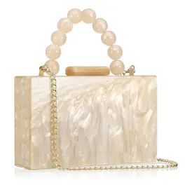 Unique Bargains - Evening Clutch Bag, Acrylic Purse Marbling Handbag for Women Crossbody with Pearl Chain for Formal Wedding - Apricot