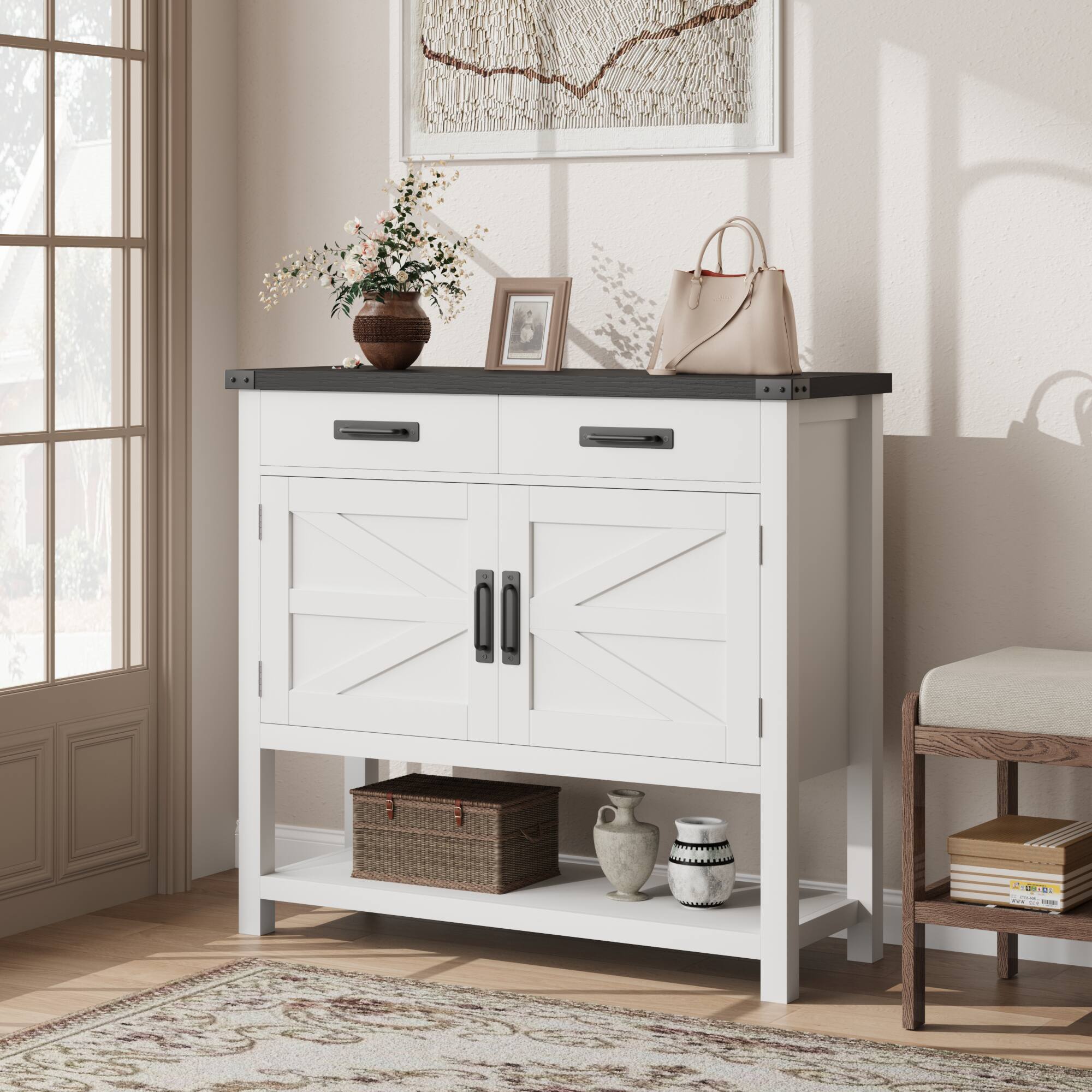 Front. Acekool - Coffee Bar Cabinet, Modern Farmhouse Buffet Sideboard with Drawers and Shelf - White.
