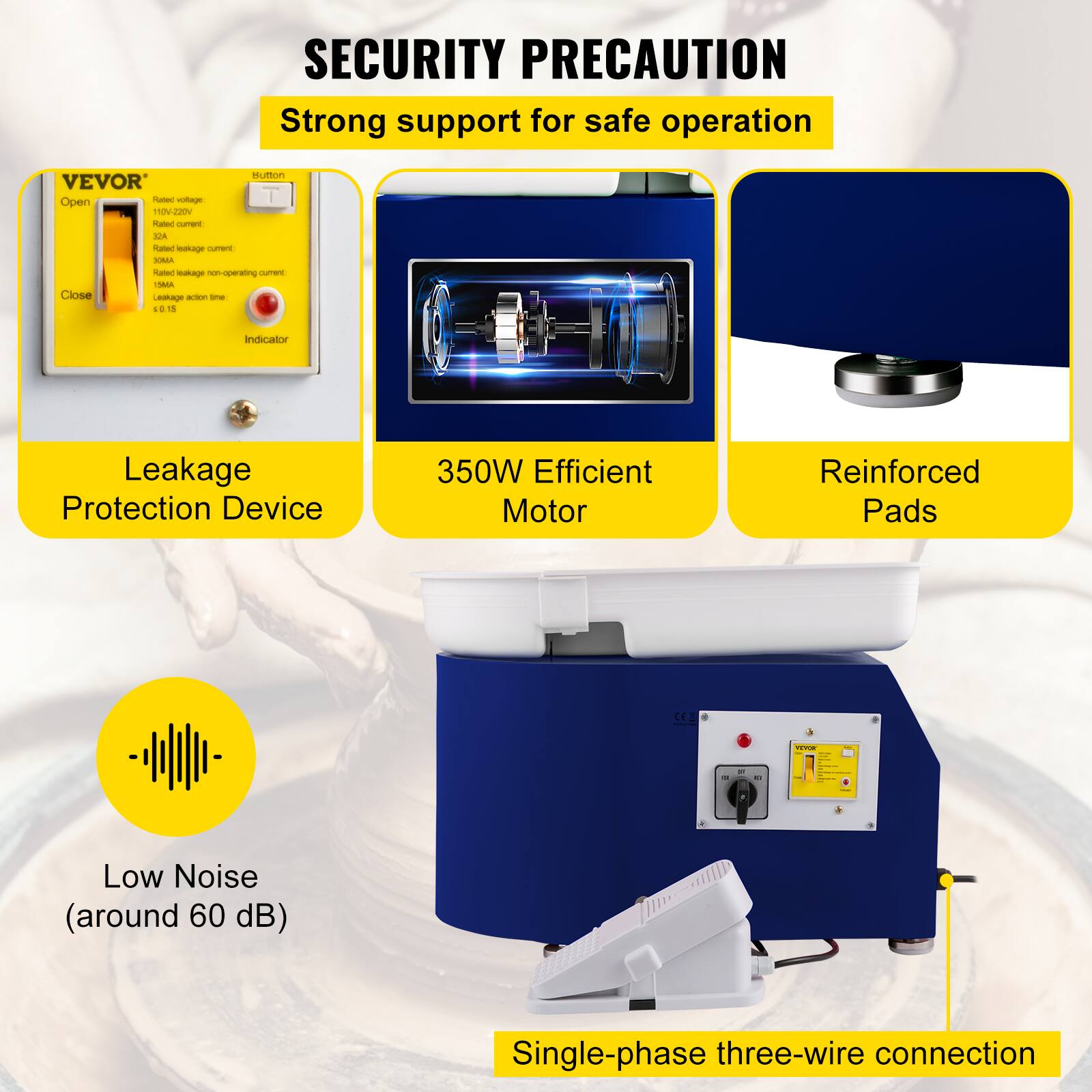 SECURITY PRECAUTION
Strong support for safe operation

Leakage Protection Device
350W Efficient Motor
Reinforced Pads

Low Noise (around 60 dB)
Single-phase three-wire connection
