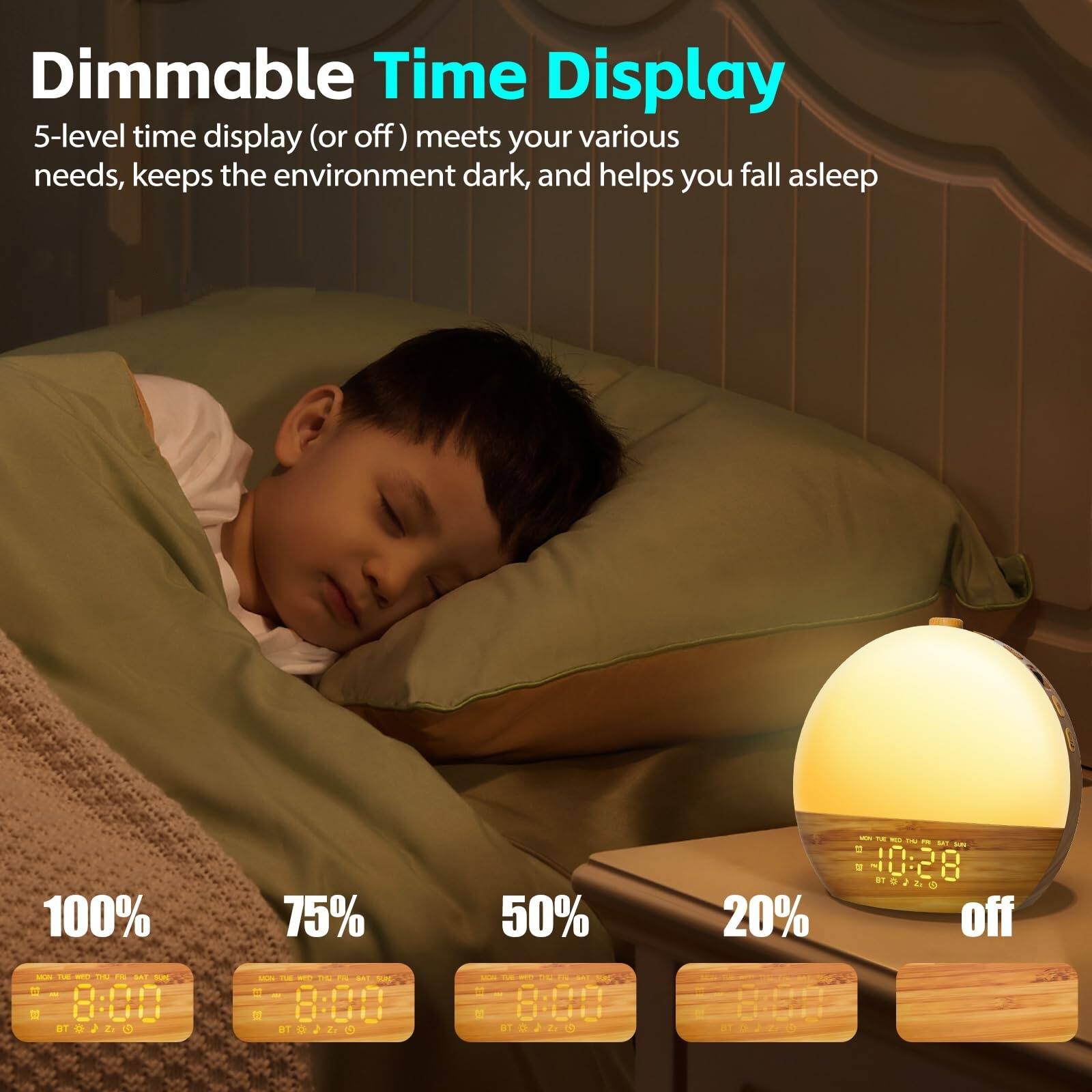 Dimmable Time Display

5-level time display (or off) meets your various needs, keeps the environment dark, and helps you fall asleep

100% 75% 50% 20% off

8:00 8:00 8:00 8:00 10:28
