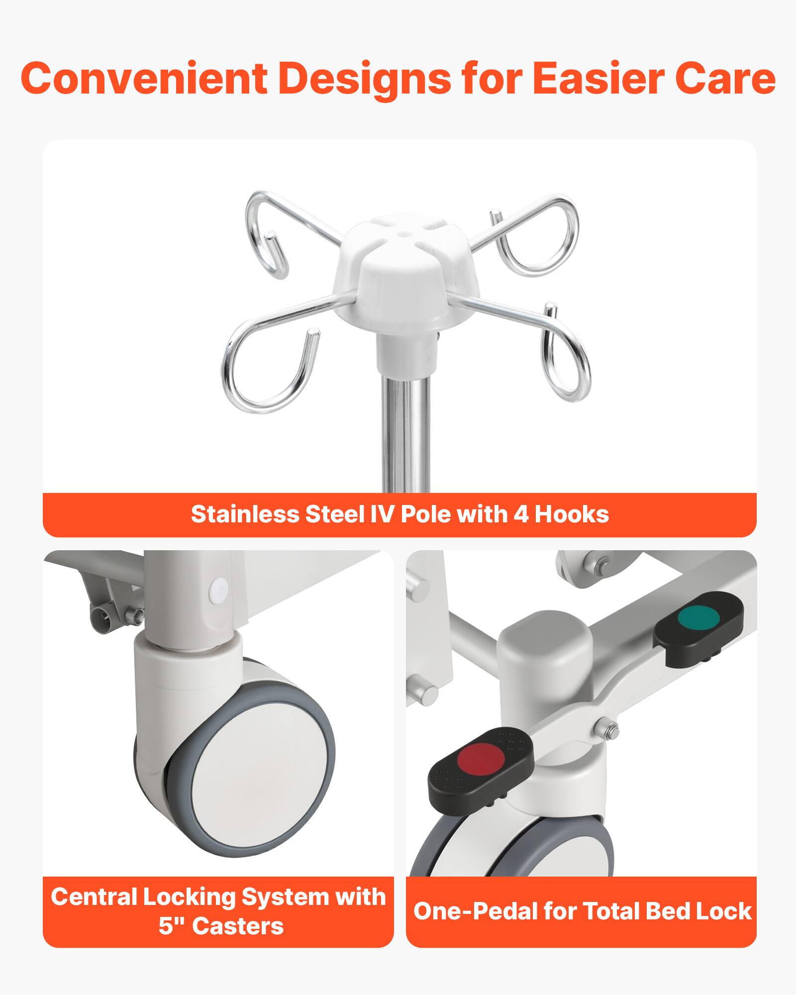 Convenient Designs for Easier Care  
Stainless Steel IV Pole with 4 Hooks  
Central Locking System with One-Pedal for Total Bed Lock  
5" Casters