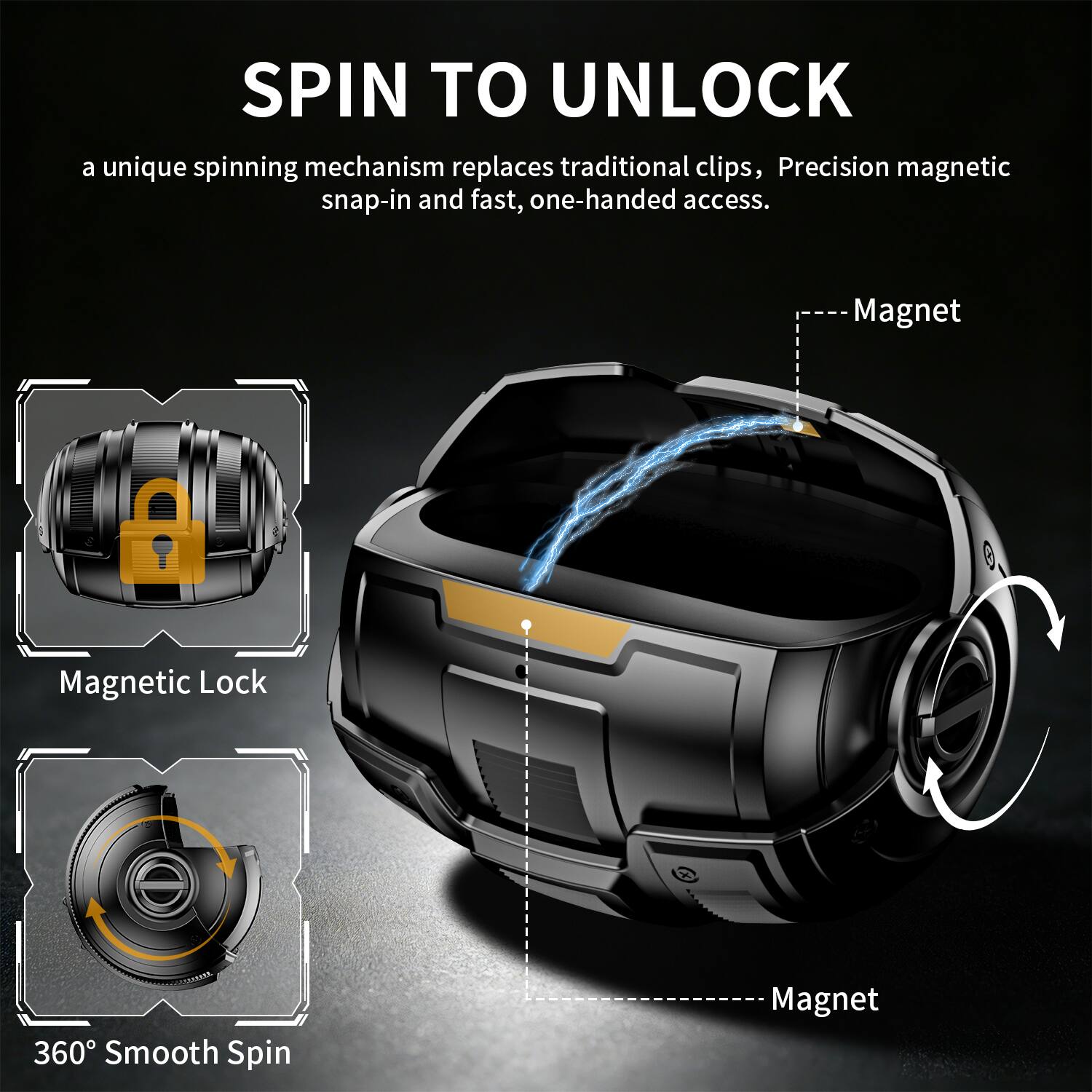 SPIN TO UNLOCK

a unique spinning mechanism replaces traditional clips, Precision magnetic snap-in and fast, one-handed access.

Magnetic Lock

360° Smooth Spin

Magnet