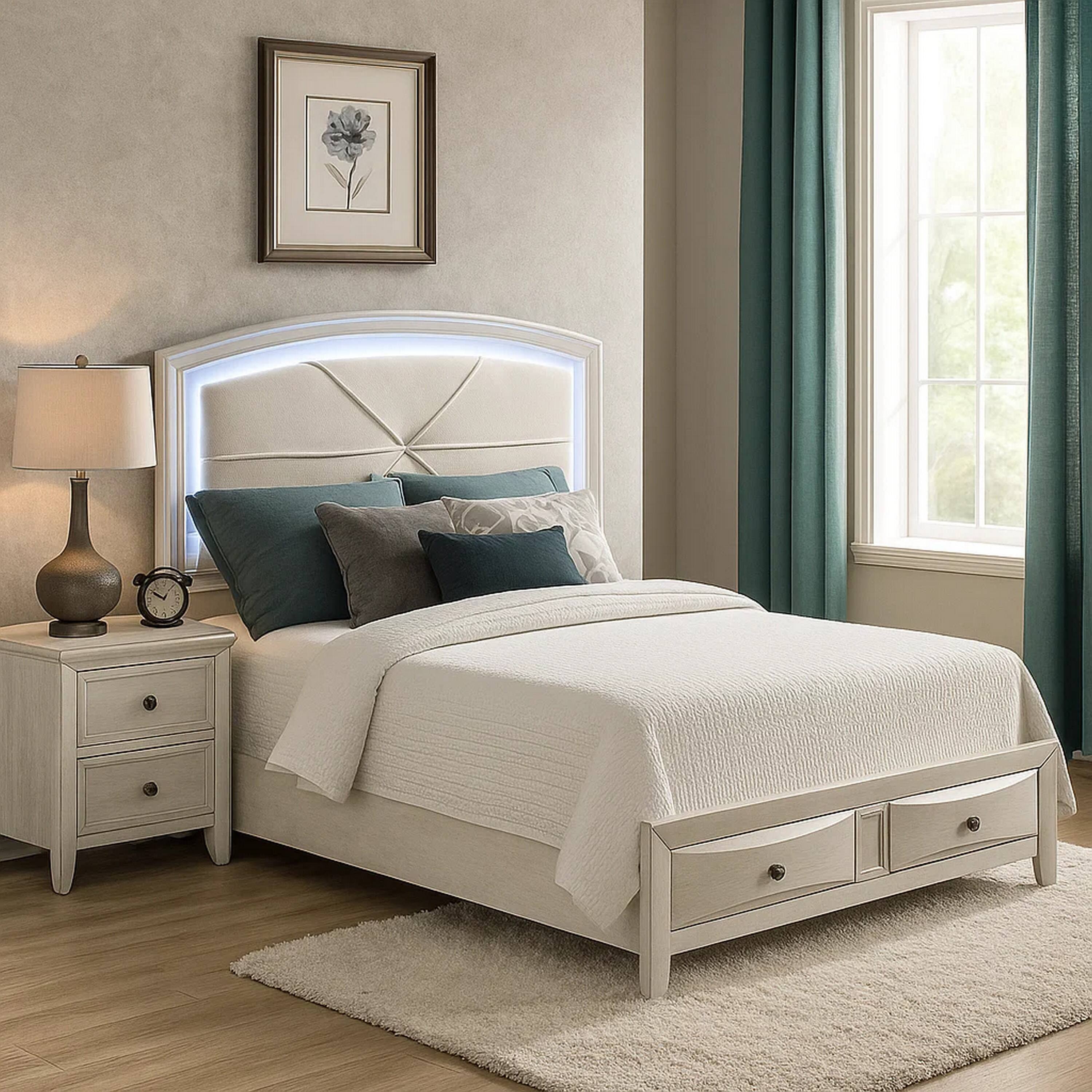 Alt View 5. Manhattan Lane - Remy Queen Size Bed with LED Headboard, 2 Bottom Drawers - Antique White.