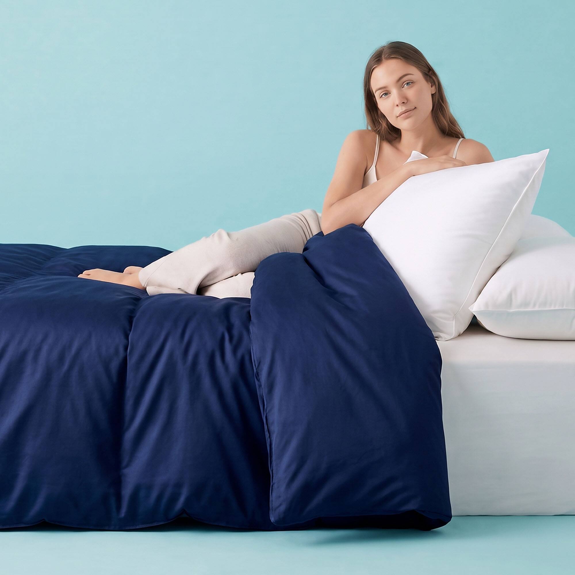 Alt View 4. Sleepgram - Sleepgram Supima 400 Thread Count Cotton Duvet Cover w/ Travel Bag, Twin, Blue - Dark Blue.
