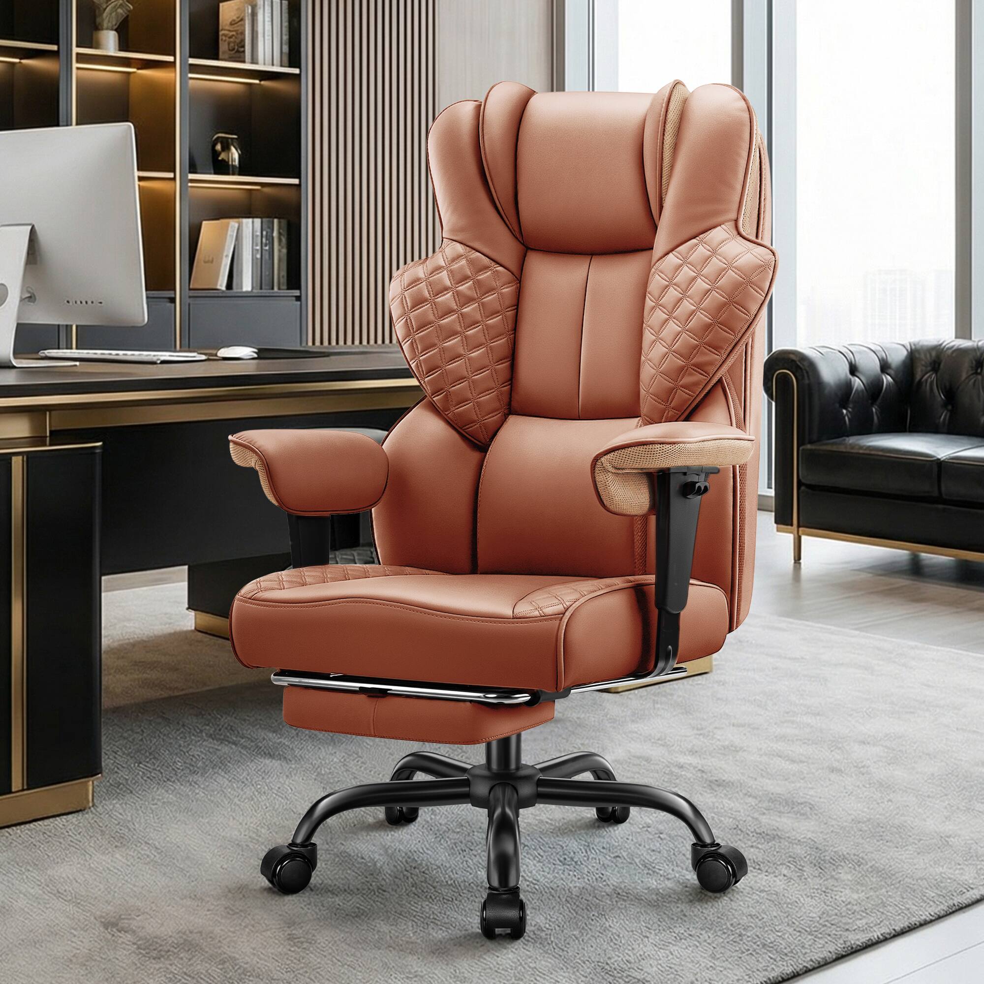 Alt View 7. KERDOM - 500lb Big & Tall Ergonomic Executive Office Chair with Footrest, PU Leather Computer Gaming Chair with 4D Lumbar Support - Brown.