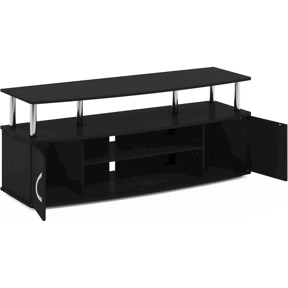 Back. FurniFact - Modern Black 55 Inch TV Console with Shelves and Cabinets for Storage - Americano/Stainless Steel.