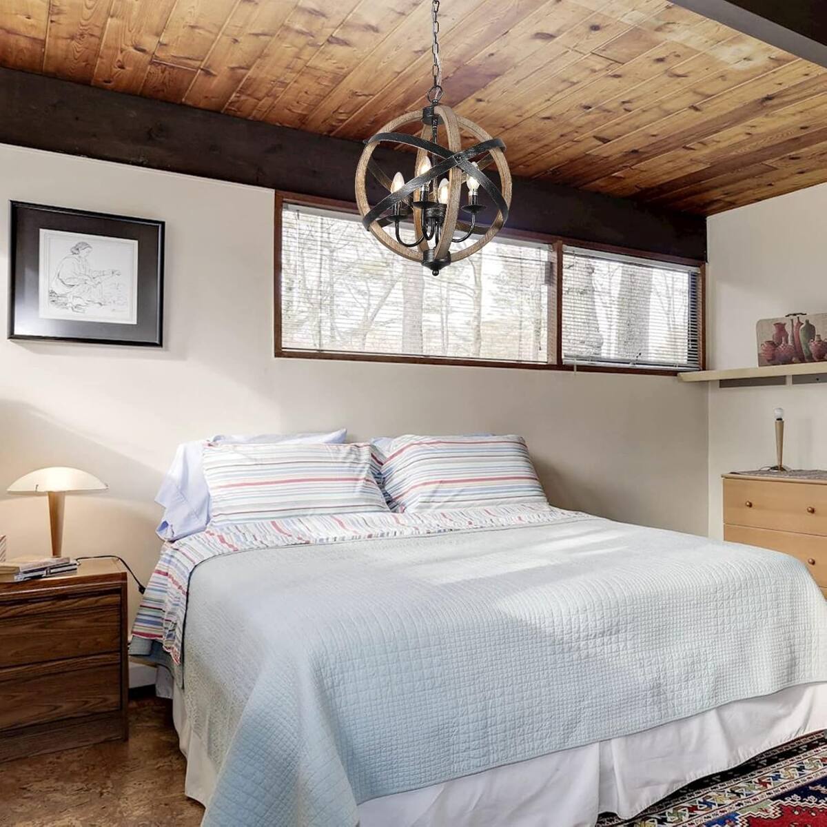 Alt View 1. Loheer - Loheer 4-Light Farmhouse Chandelier with Wood and Metal Frame, Adjustable Chain for Dining Room.