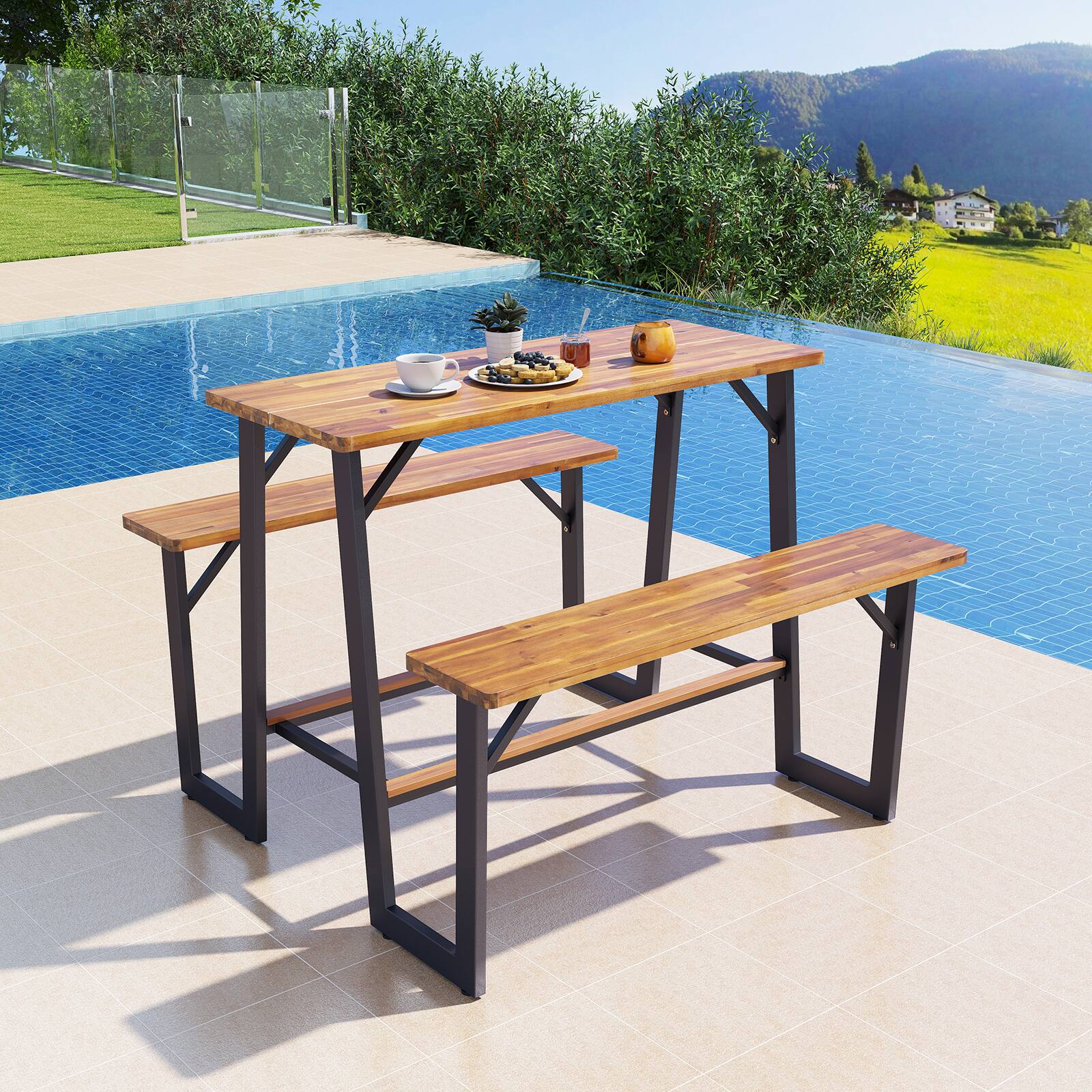 Alt View 1. Gymax - Gymax Outdoor Picnic Table for 4 Acacia Wood Rectangular Picnic Table w/ 2 Built-in Benches - Natural, Black.