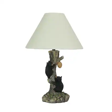 Front. Mayrich Company - Rustic Black Bear Cubs Climbing Tree For Honey Table Lamp Beige Fabric Shade - Multicolored.