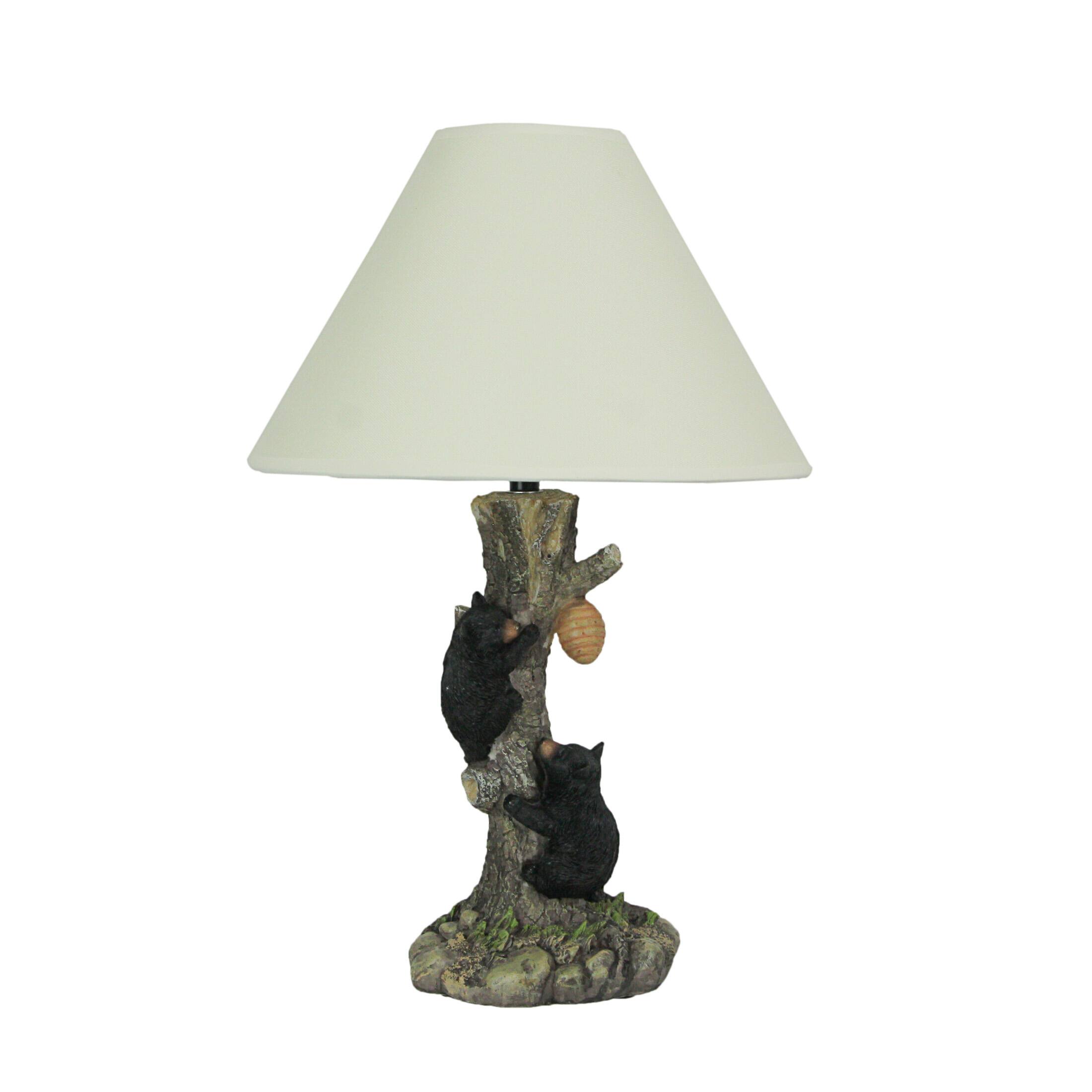 Front. Mayrich Company - Rustic Black Bear Cubs Climbing Tree For Honey Table Lamp Beige Fabric Shade - Multicolored.