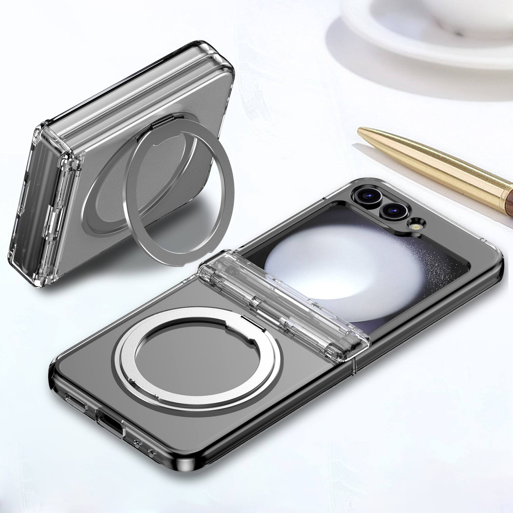 Alt View 1. Dteck - for Samsung Galaxy Z Flip6/7FE Matte Case,Shockproof Hard PC Cover with Hinge Protection,Rugged Rotatable Kickstand Case - Clear.