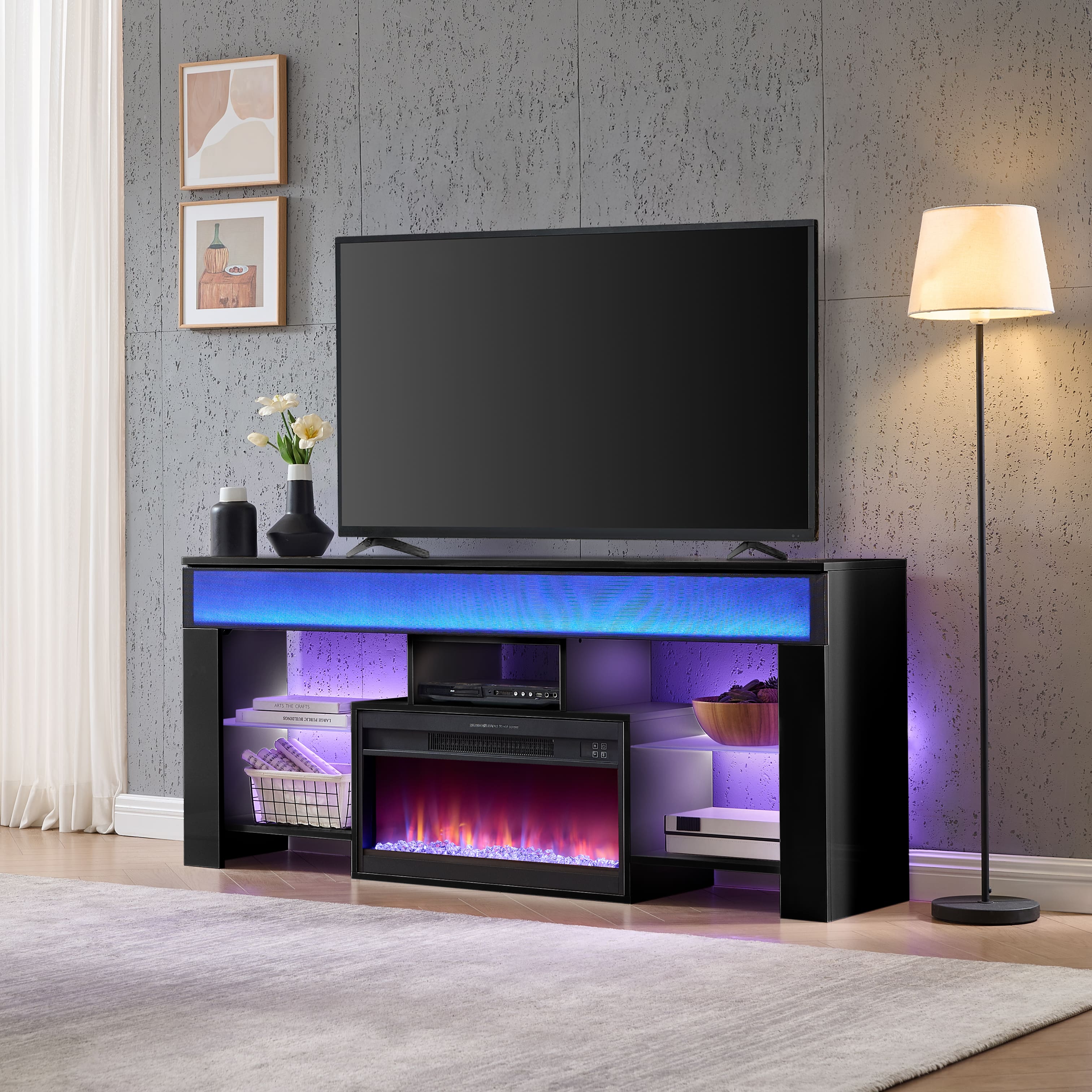 Living Essentials Corp - NEO 62" Fireplace TV Stand with Patented Soundbar, Media Console and Game Storage for Living Room - Black