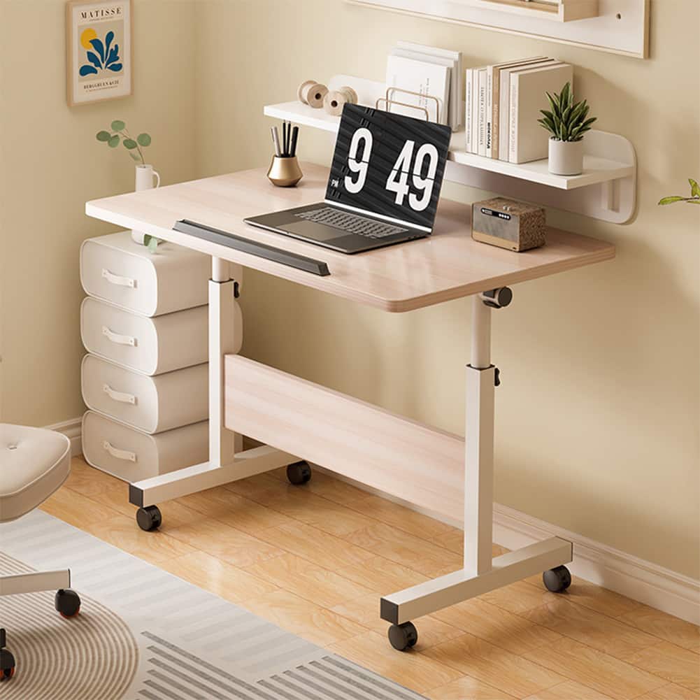 GARVEE - Standing Height Adjustable Computer Desk with Wheels Mobile Computer Table Sit Stand Up for Work Office, White Maple