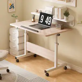 GARVEE - Standing Height Adjustable Computer Desk with Wheels Mobile Computer Table Sit Stand Up for Work Office, White Maple