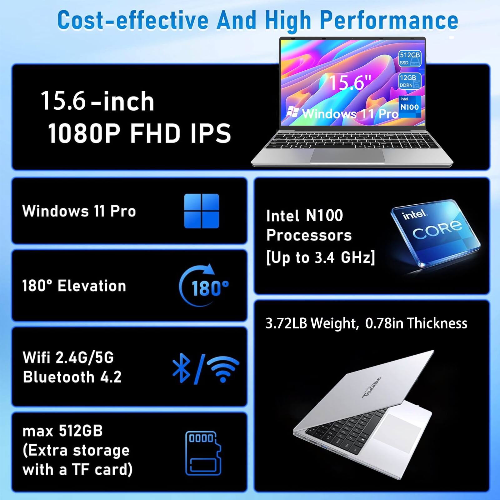 Cost-effective And High Performance

- 15.6-inch 1080P FHD IPS
- Windows 11 Pro
- 180° Elevation
- Intel N100 Processors [Up to 3.4 GHz]
- Wifi 2.4G/5G Bluetooth 4.2
- max 512GB (Extra storage with a TF card)
- 3.72LB Weight, 0.78in Thickness