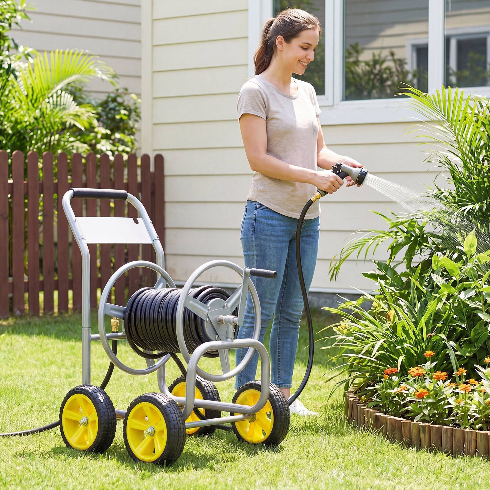 Alt View 3. Costway - Costway Garden Hose Reel Cart 4 Wheels, 330 ft 5/8" Large Capacity for Outside Yard Lawn - Silver.