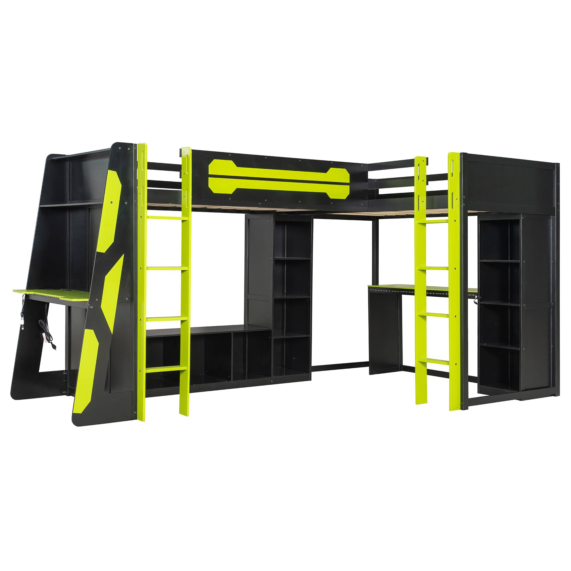 Alt View 1. Anysun - L-Shaped Twin Gaming Bed Frame - RGB LED Lights, USB Ports, TV Stand & Storage Shelves, Reversible Space-Saving Design - Green.