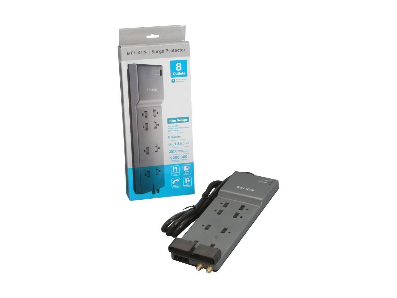 Surge Protector BELKIN 8 Outlets P BELKIN Slim Design s - aoten - Sue C . Outlets 6n/1.8m 6n 1.8m Cord 3550 $200,000 BELKIN