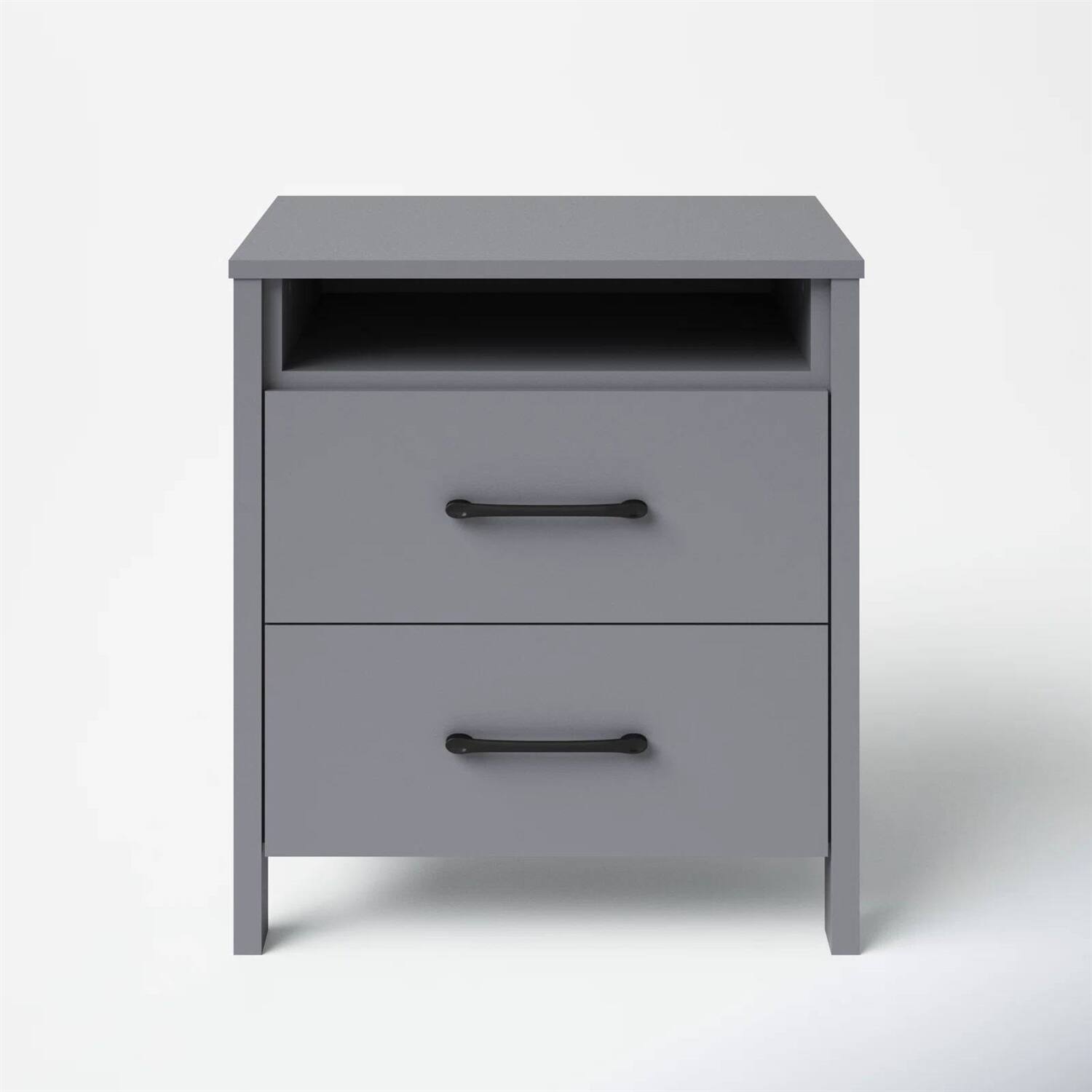 Hivvago - Modern 2-Drawer Bedside Table Nightstand with Open Shelf in Grey Wood Finish - Gray