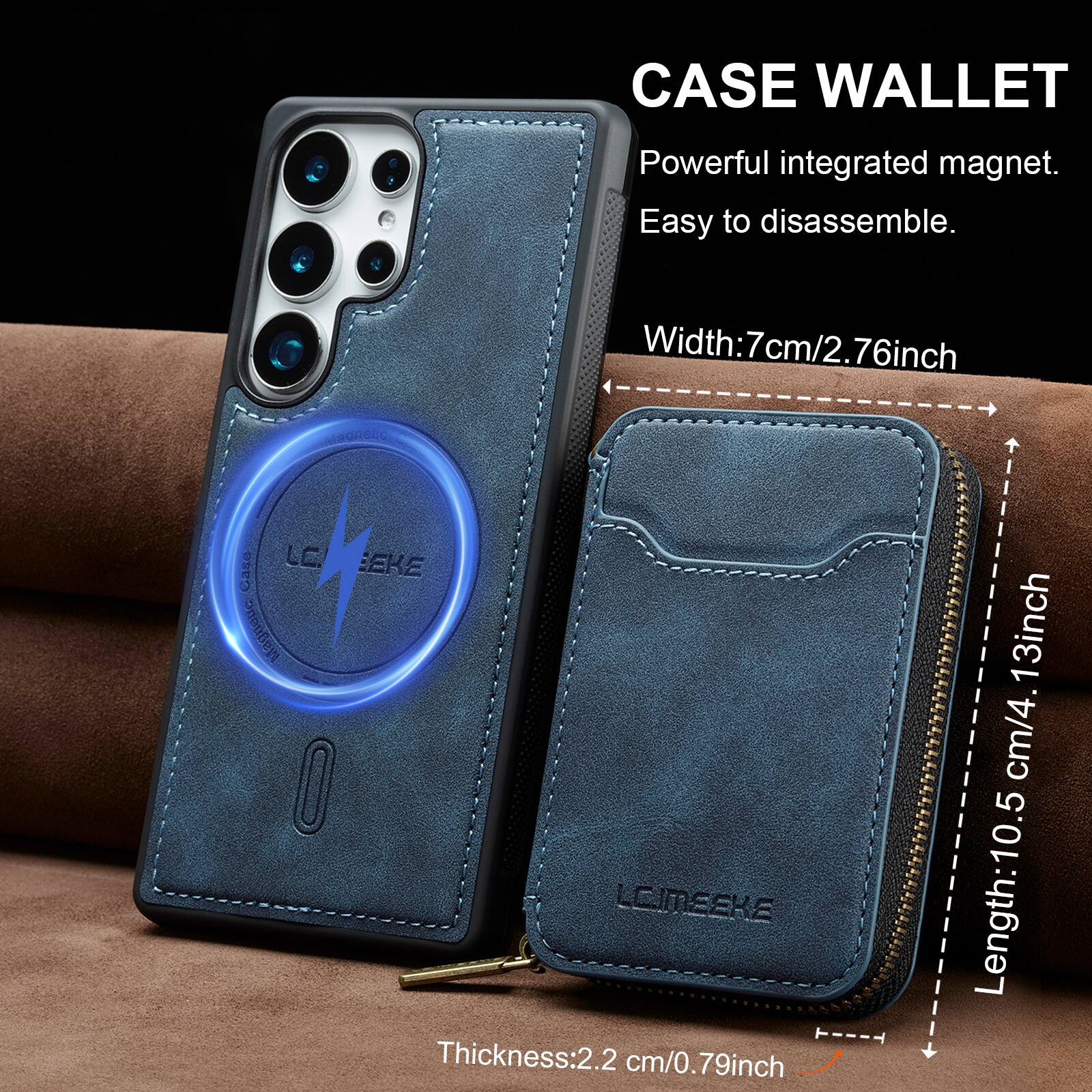 CASE WALLET  
Powerful integrated magnet.  
Easy to disassemble.  

Width: 7cm/2.76inch  
Length: 10.5cm/4.13inch  
Thickness: 2.2cm/0.79inch