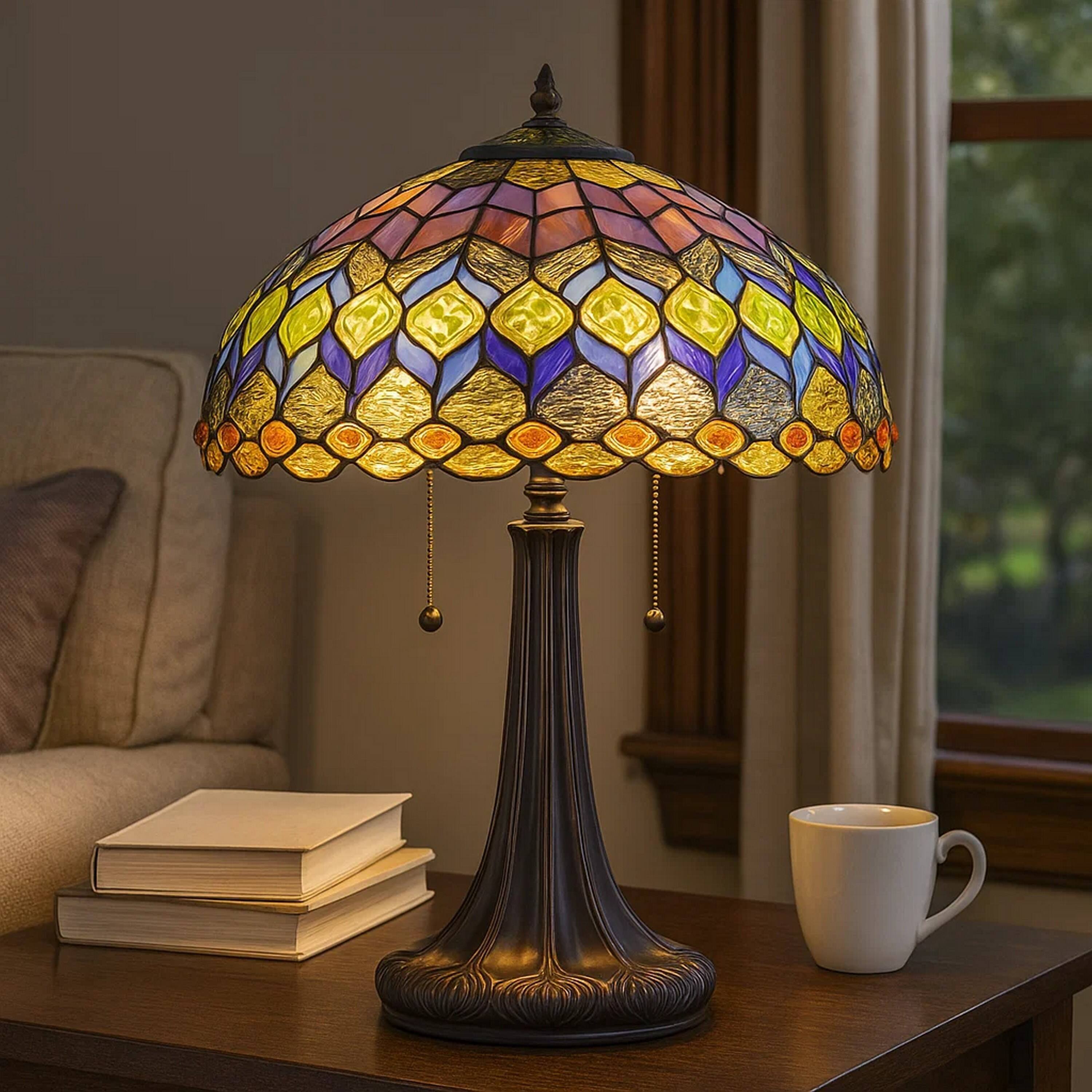 Alt View 2. Manhattan Lane - 120 Watt Tiffany Table Lamp with Engraved Base - Multicolor.