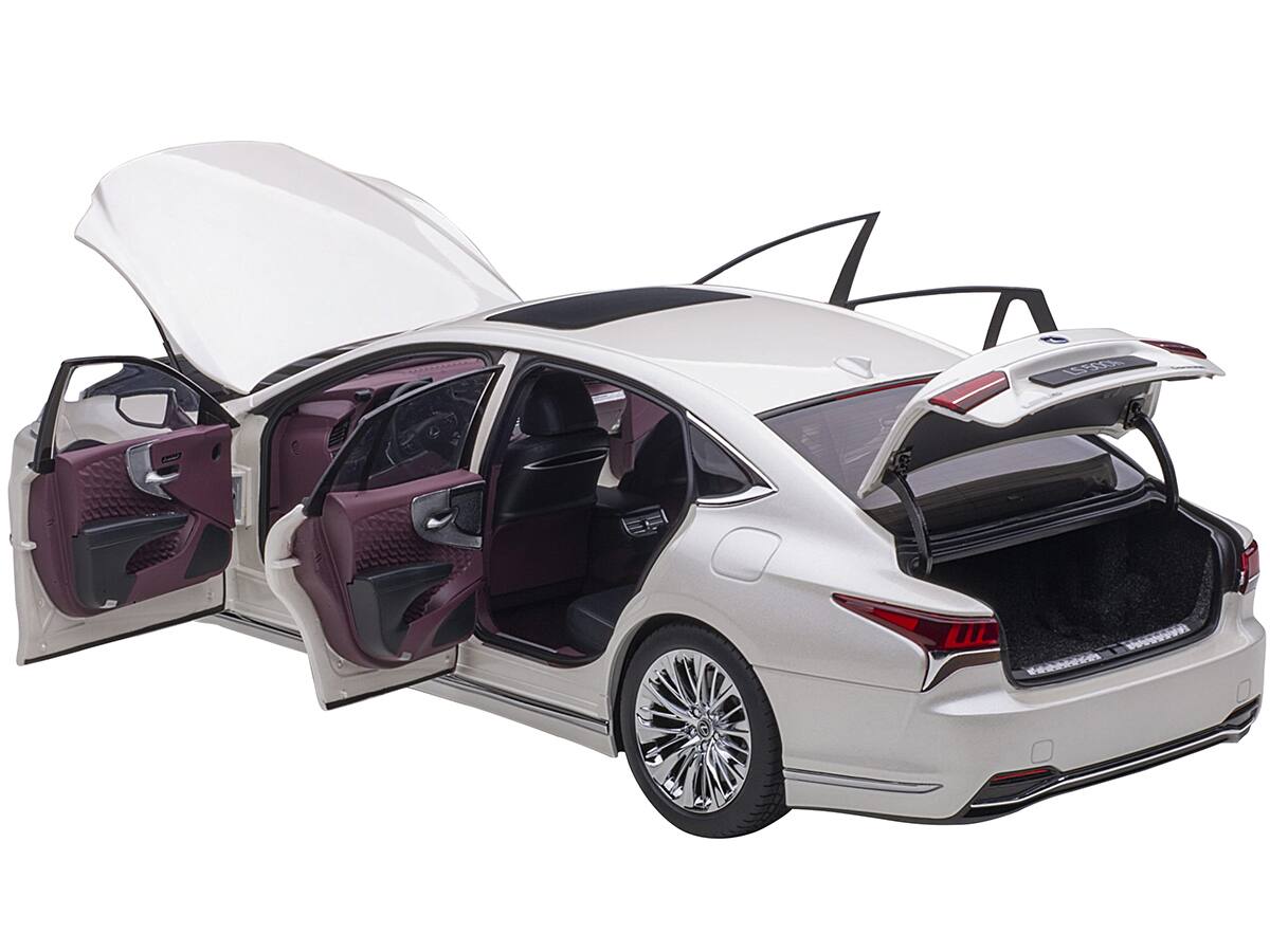 Angle. Autoart - Lexus LS500h Sonic White Metallic with Crimson and Black Interior 1/18 Model Car by Autoart - White Metallic With Crimson And Black.