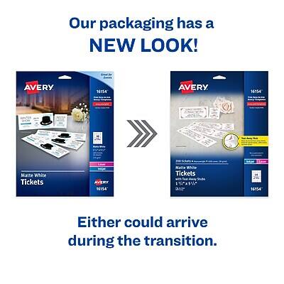 Our packaging has a NEW LOOK!

AVERY 16154 Matte White Tickets
AVERY 55154 Matte White Tickets

Either could arrive during the transition.